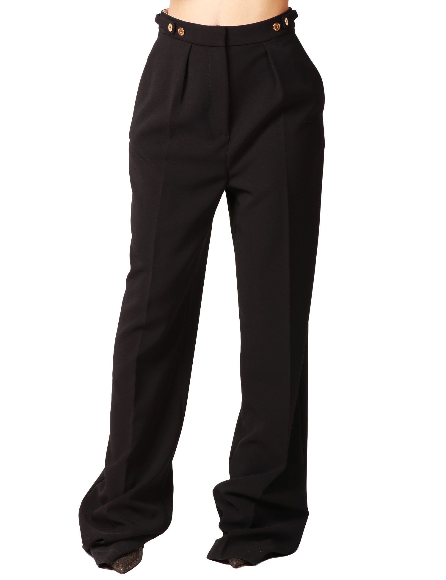 PANTALONE DONNA ELISABETTA FRANCHI NERO CON PIEGA CENTRALE E DETTAGLI GIOIELLO SULLA VITA