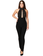 TUTA INTERA DONNA ELISABETTA FRANCHI NERA CON TOP IN TULLE CON RICAMO BRILLANTE E PANTALONE A VITA ALTA