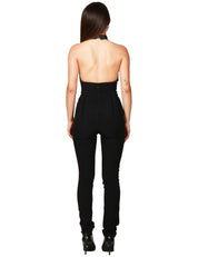 TUTA INTERA DONNA ELISABETTA FRANCHI NERA CON TOP IN TULLE CON RICAMO BRILLANTE E PANTALONE A VITA ALTA