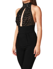 TUTA INTERA DONNA ELISABETTA FRANCHI NERA CON TOP IN TULLE CON RICAMO BRILLANTE E PANTALONE A VITA ALTA