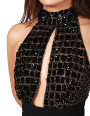 TUTA INTERA DONNA ELISABETTA FRANCHI NERA CON TOP IN TULLE CON RICAMO BRILLANTE E PANTALONE A VITA ALTA