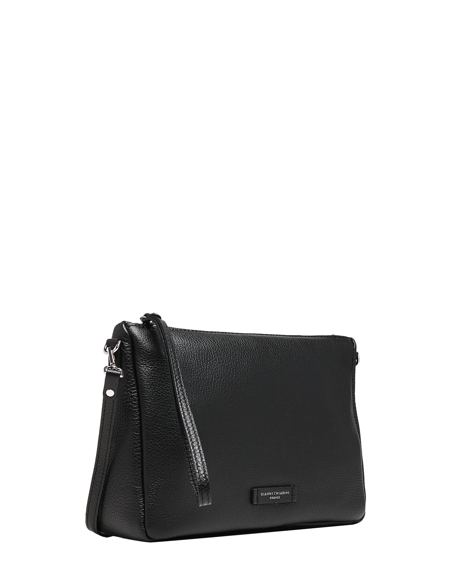 BORSA GIANNI CHIARINI NORA POUCH NERA IN PELLE MARTELLATA CON CINTURINO DA POLSO E TRACOLLA