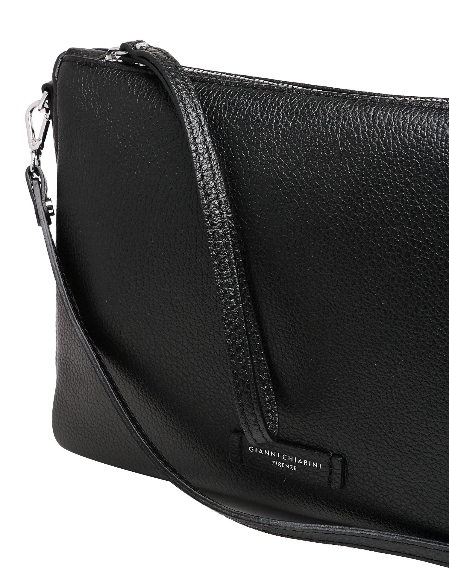 BORSA GIANNI CHIARINI NORA POUCH NERA IN PELLE MARTELLATA CON CINTURINO DA POLSO E TRACOLLA