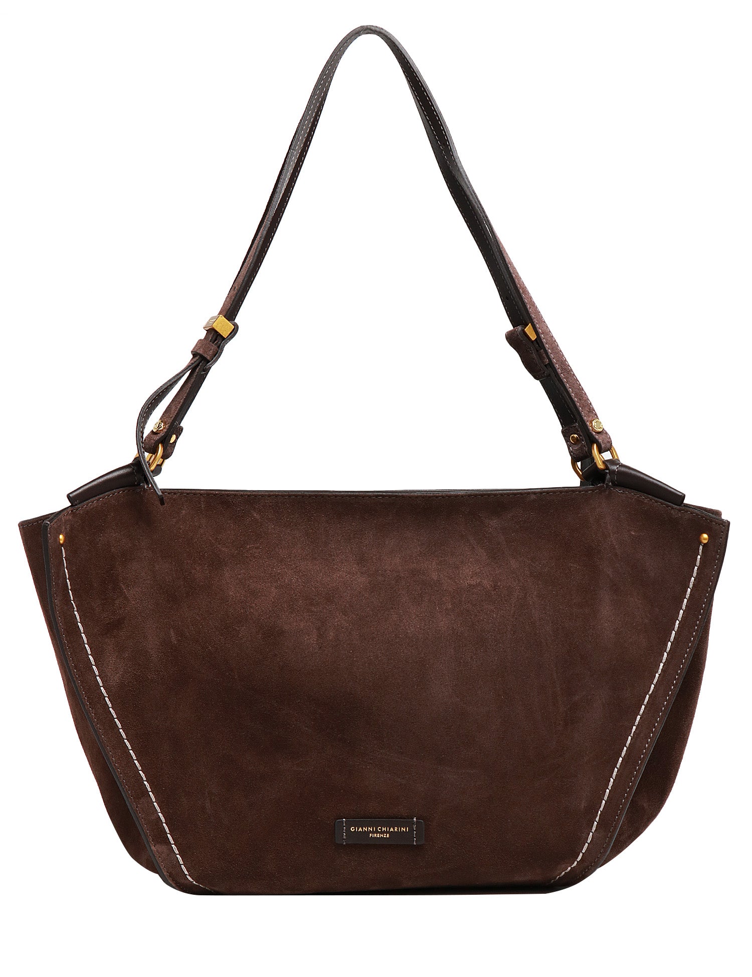 BORSA DONNA GIANNI CHIARINI BLOOM MOKA IN PELLE SCAMOSCIATA CON CUCITURA A CONTRASTO ED ELEMENTI IN METALLO