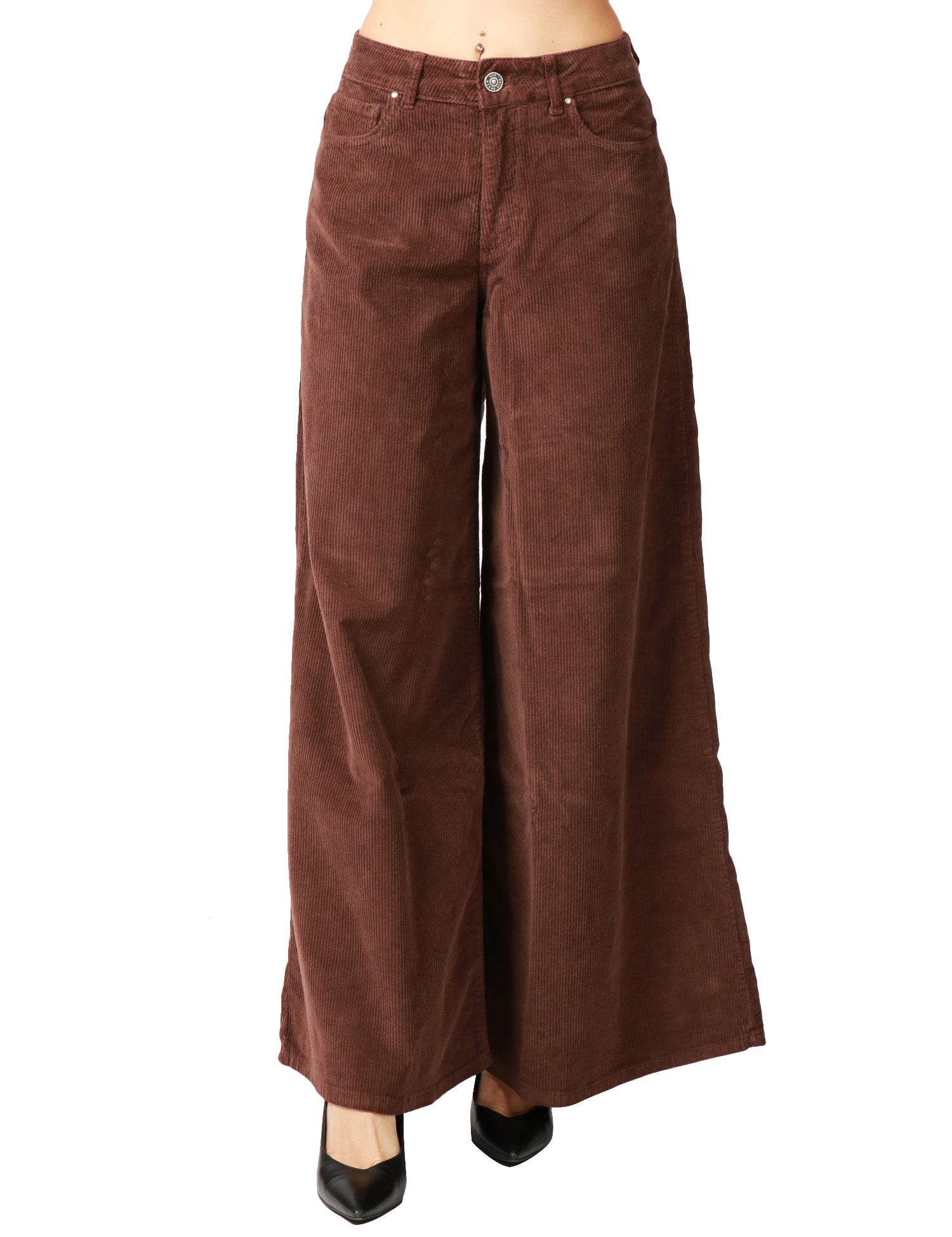 PANTALONE DONNA GOD SAVE DENIM MARRONE IN VELLUTO A GAMBA MOLTO AMPIA