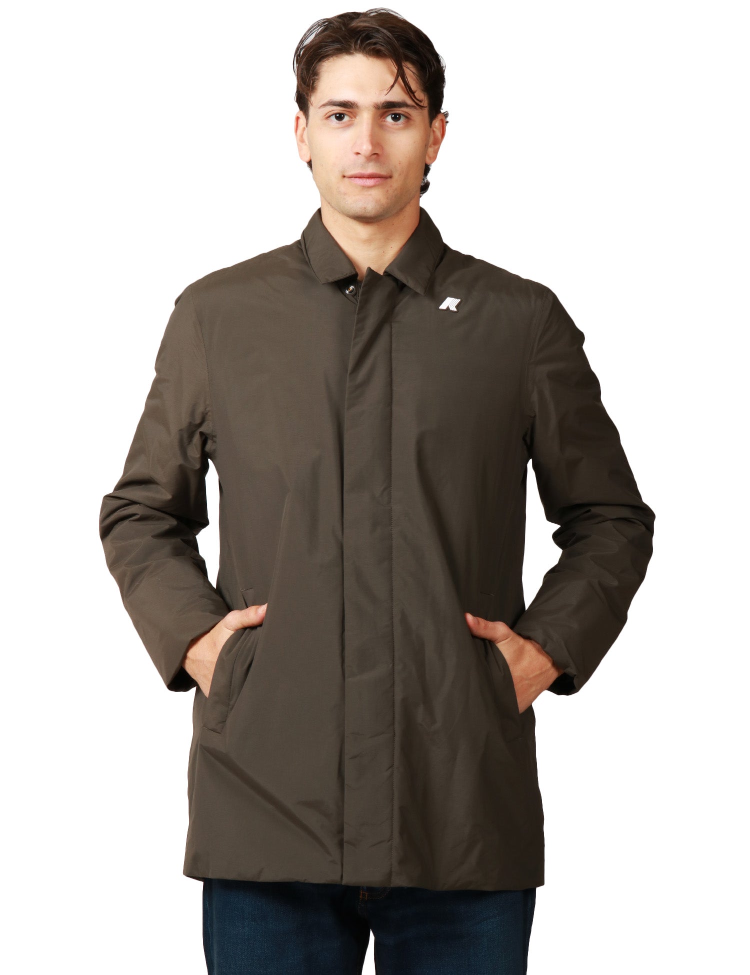 GIUBBOTTO UOMO K-WAYBENNY WARM BLACK OLIVE CON COLLETTO, IN NYLON IMPERMEABILE E ANTIVENTO CON IMBOTTITURA MISTA