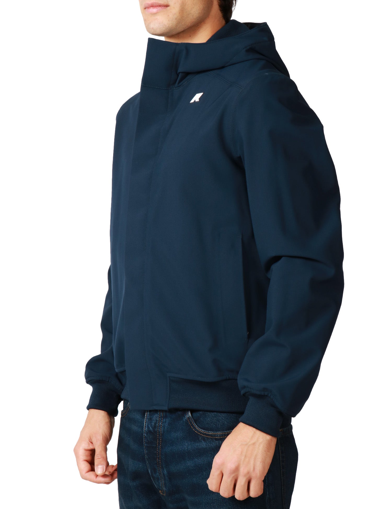GIUBBOTTO UOMO K-WAY JOACHIM BLU SCURO IN NYLON STRETCH IMPERMEABILE E ANTIVENTO CON ZIP E CAPPUCCIO