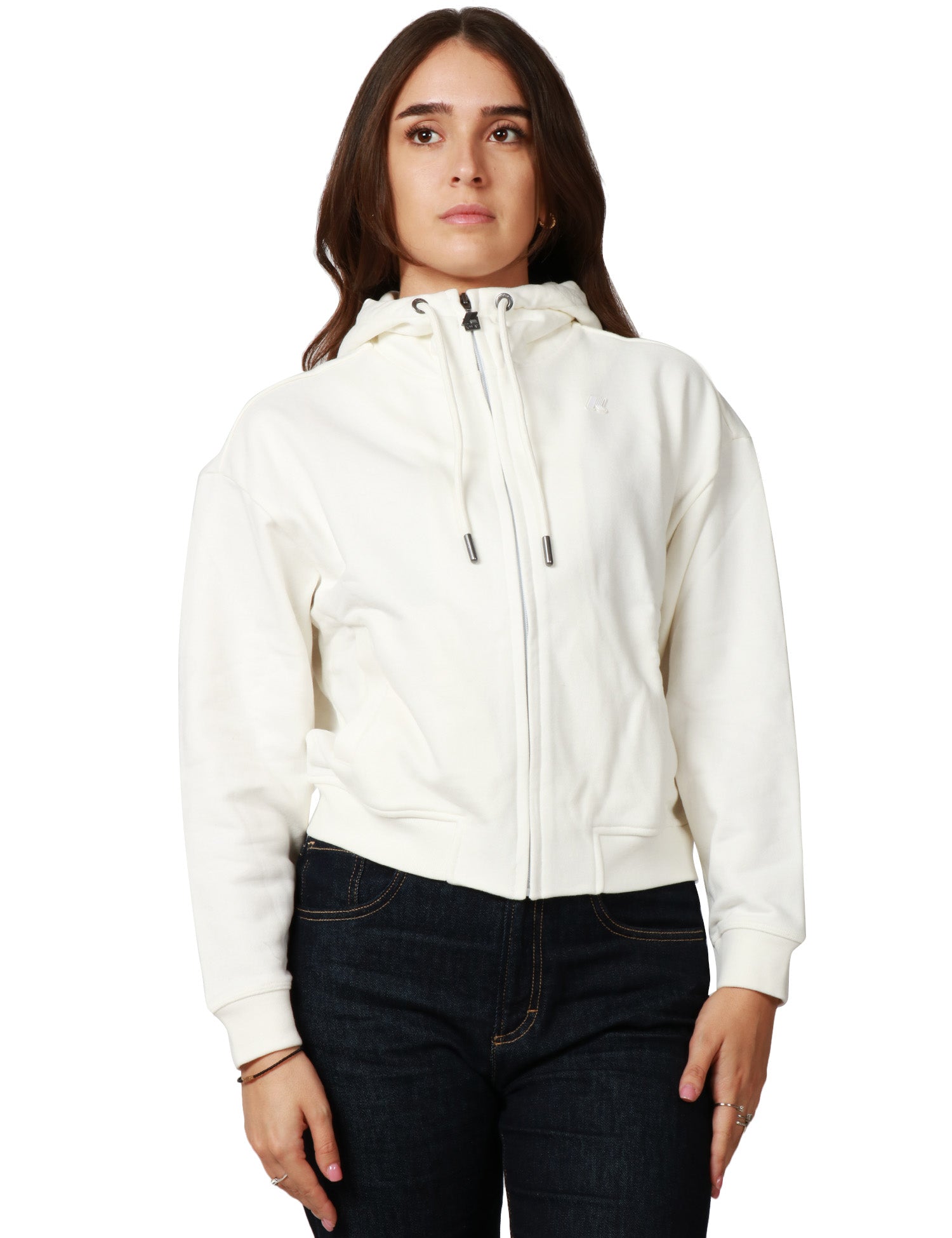 FELPA DONNA K-WAY ARWEN WHITE CON CAPPUCCIO E ZIP IN FELPA DI COTONE