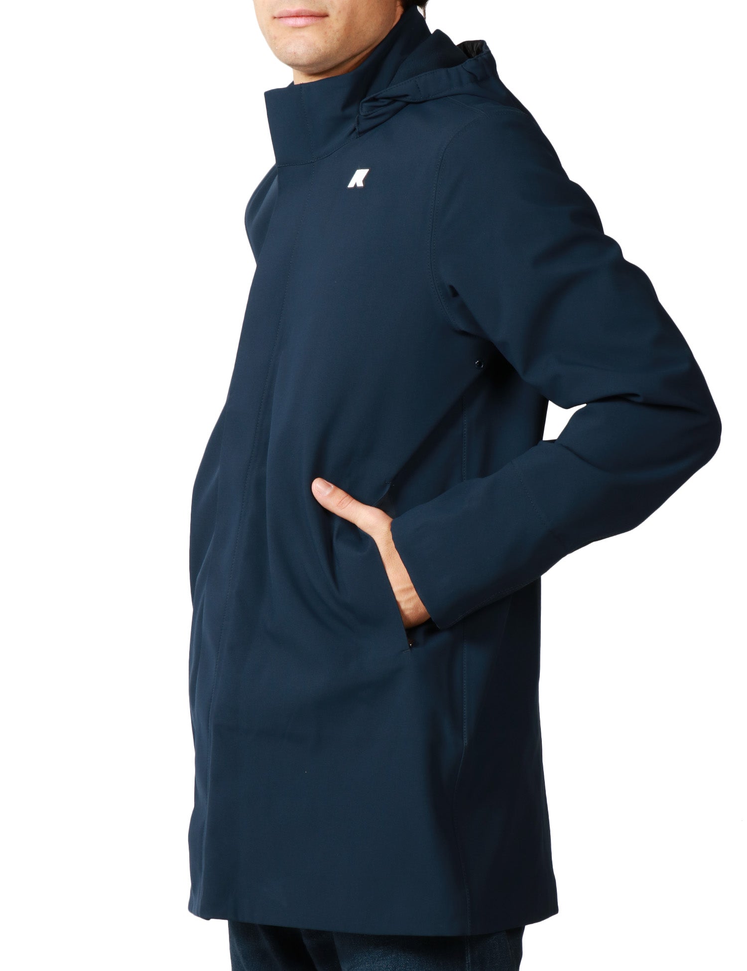 GIUBBOTTO PARKA UOMO K-WAY DUKE BONDED BLUE IN TESSUTO TECNICO A TRE STRATI CON CAPPUCCIO STACCABILE