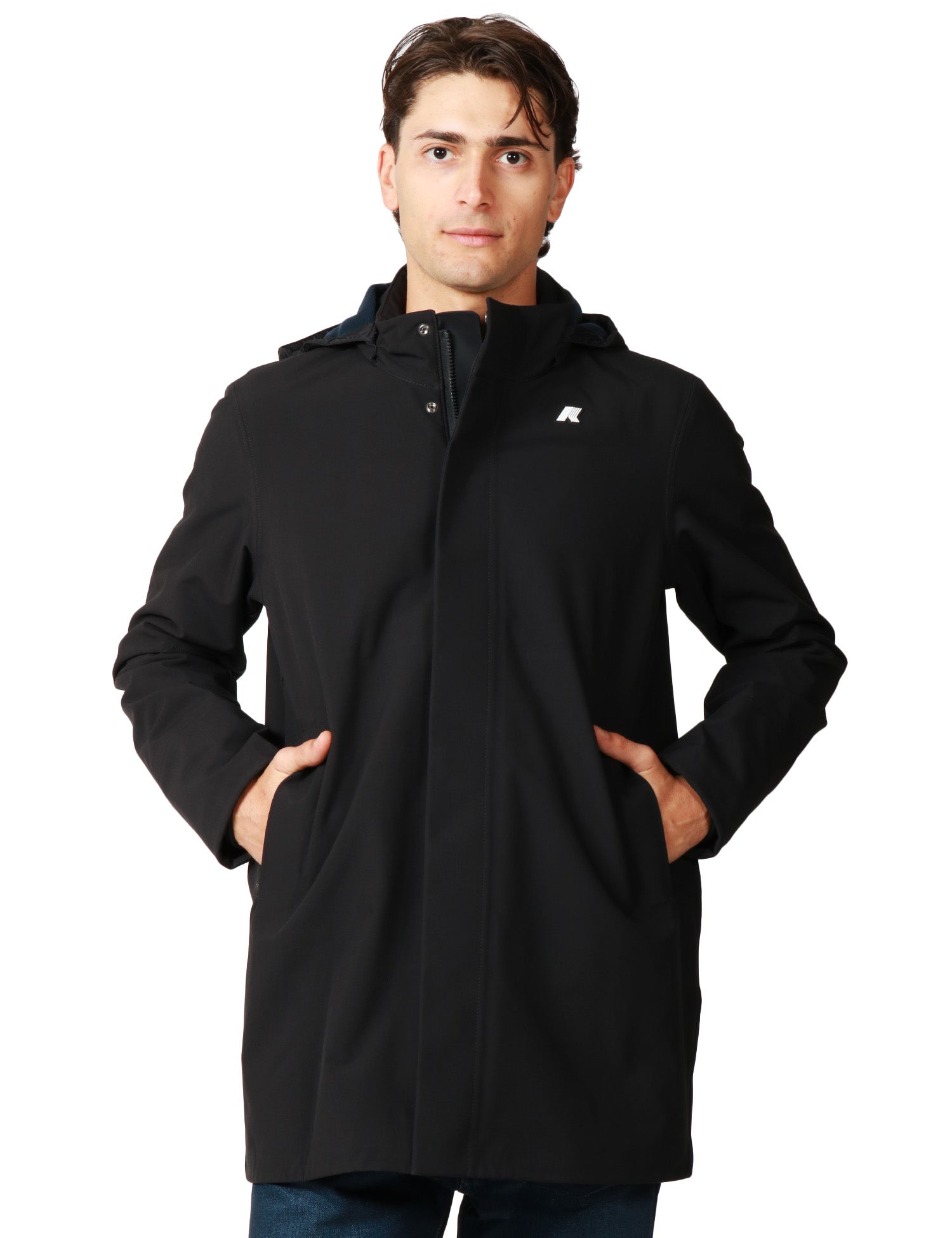 GIUBBOTTO PARKA UOMO K-WAY DUKE BONDED BLACK BLUE IN TESSUTO TECNICO A TRE STRATI CON CAPPUCCIO STACCABILE