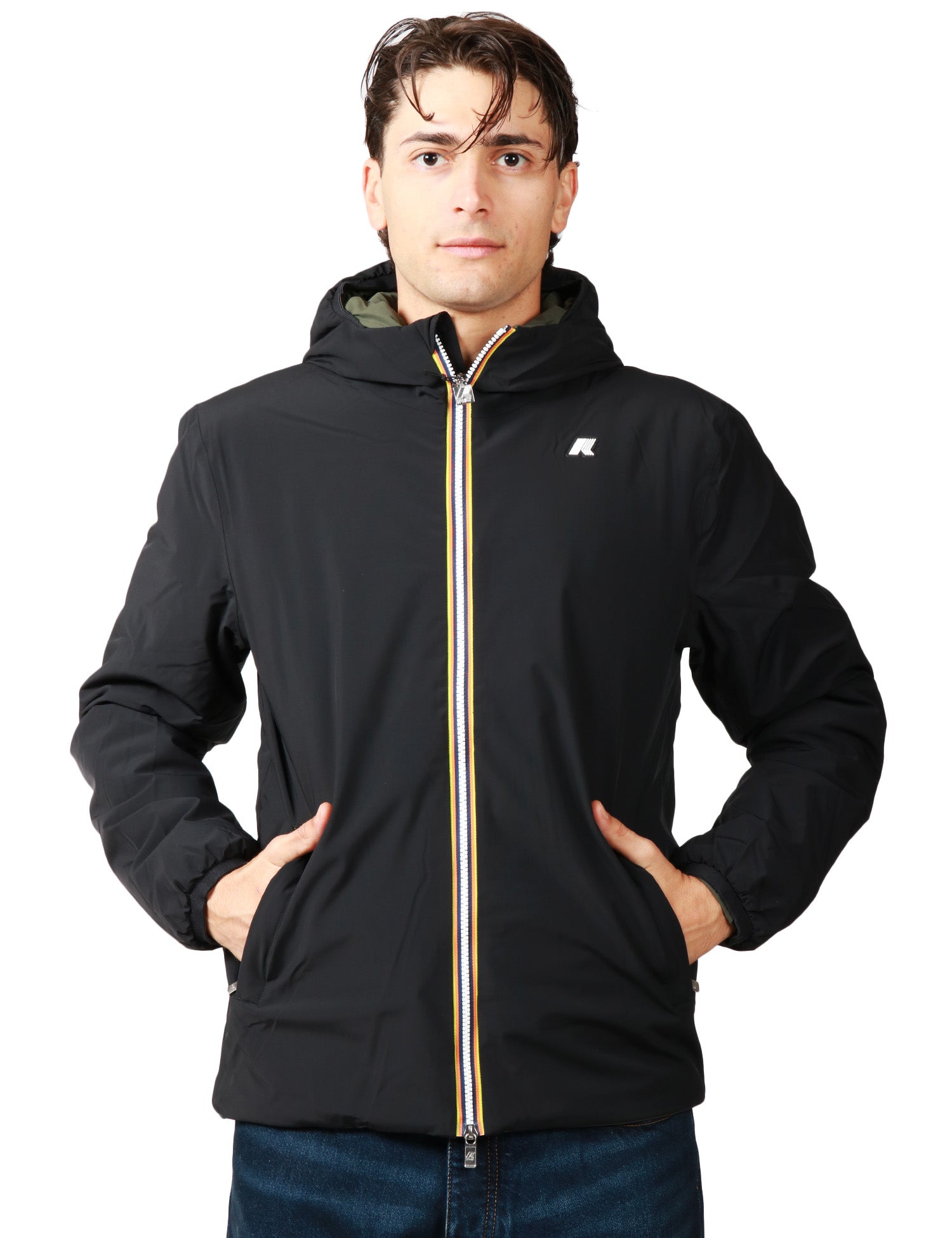 GIUBBINO UOMO K-WAY JACK BLACK/GREEN REVERSIBILE, IMPERMEABILE E ANTIVENTOCON ZIP E CAPPUCCIO