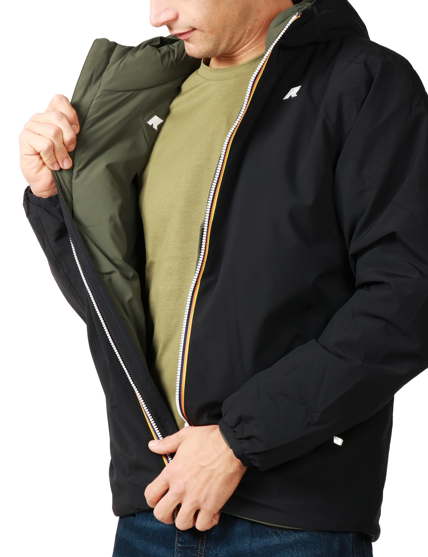 GIUBBINO UOMO K-WAY JACK BLACK/GREEN REVERSIBILE, IMPERMEABILE E ANTIVENTOCON ZIP E CAPPUCCIO