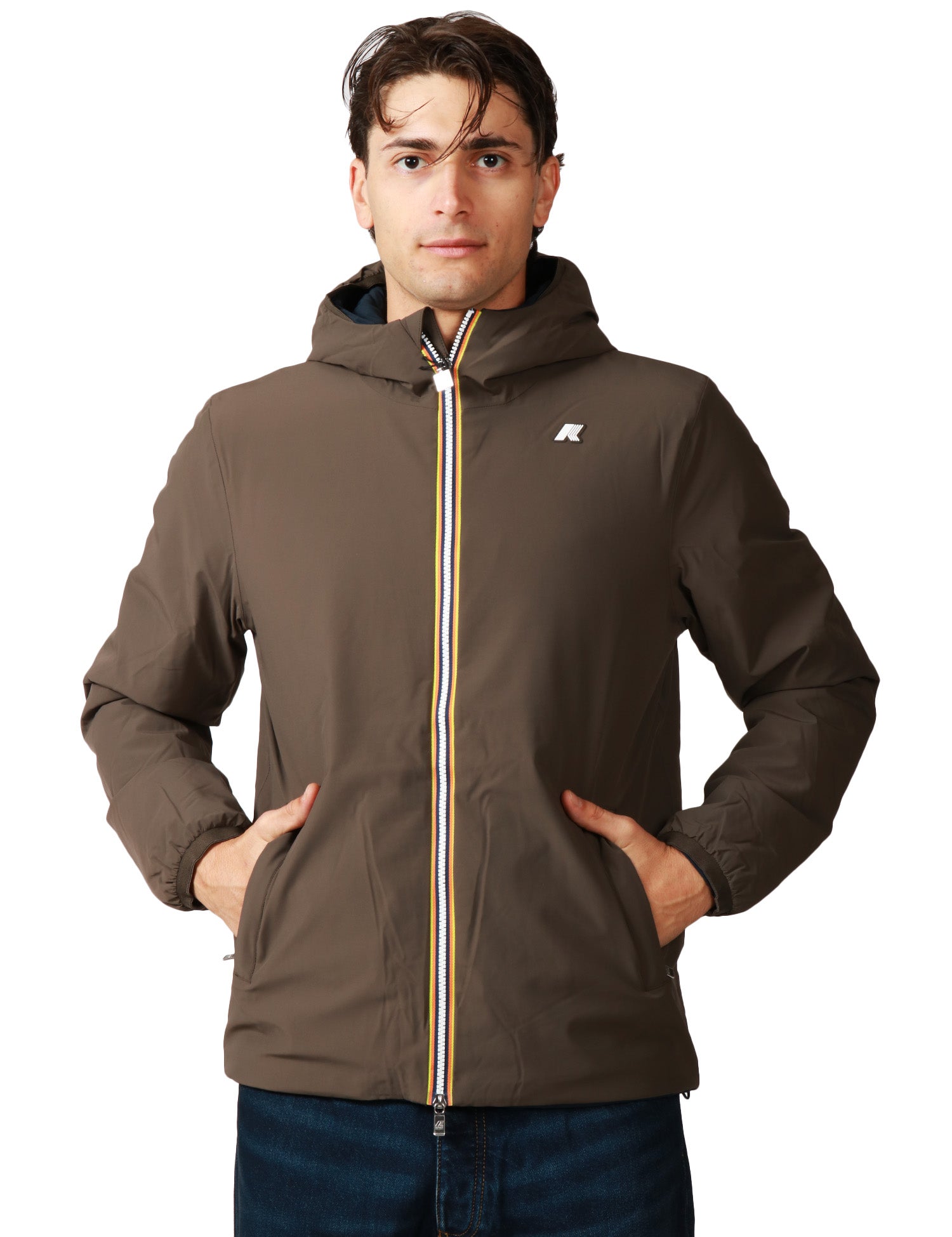 GIUBBOTTO UOMO K-WAY JACK BROWN/BLUE REVERSIBILE, IMPERMEABILE E ANTIVENTO CON ZIP E CAPPUCCIO