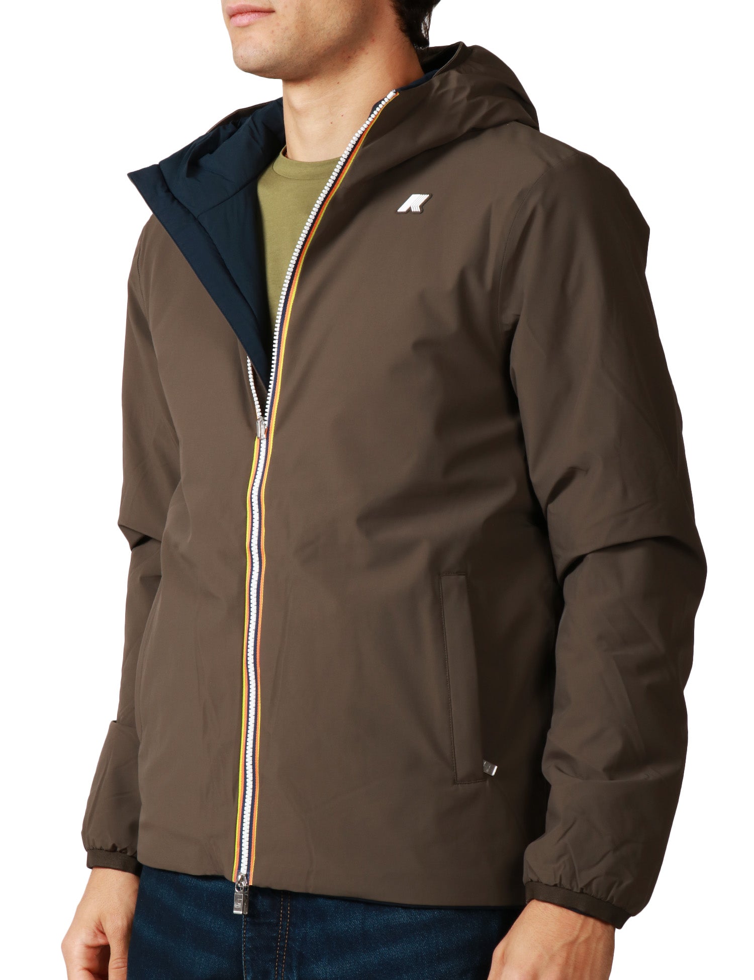 GIUBBOTTO UOMO K-WAY JACK BROWN/BLUE REVERSIBILE, IMPERMEABILE E ANTIVENTO CON ZIP E CAPPUCCIO