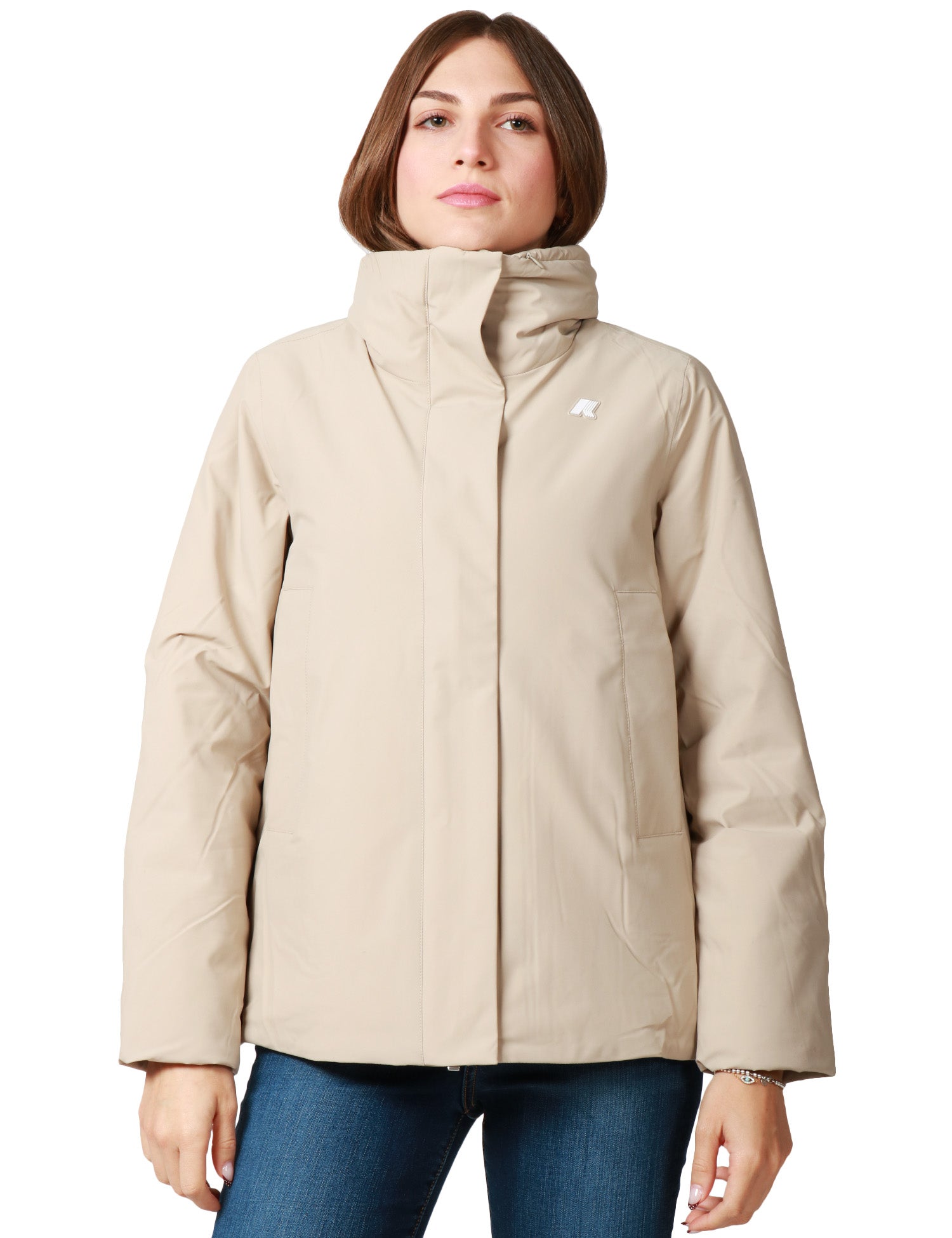 GIUBBOTTO DONNA K-WAY MARLETTE ST WARM BEIGE CON COLLO ALTO E CAPPUCCIO INTEGRATO