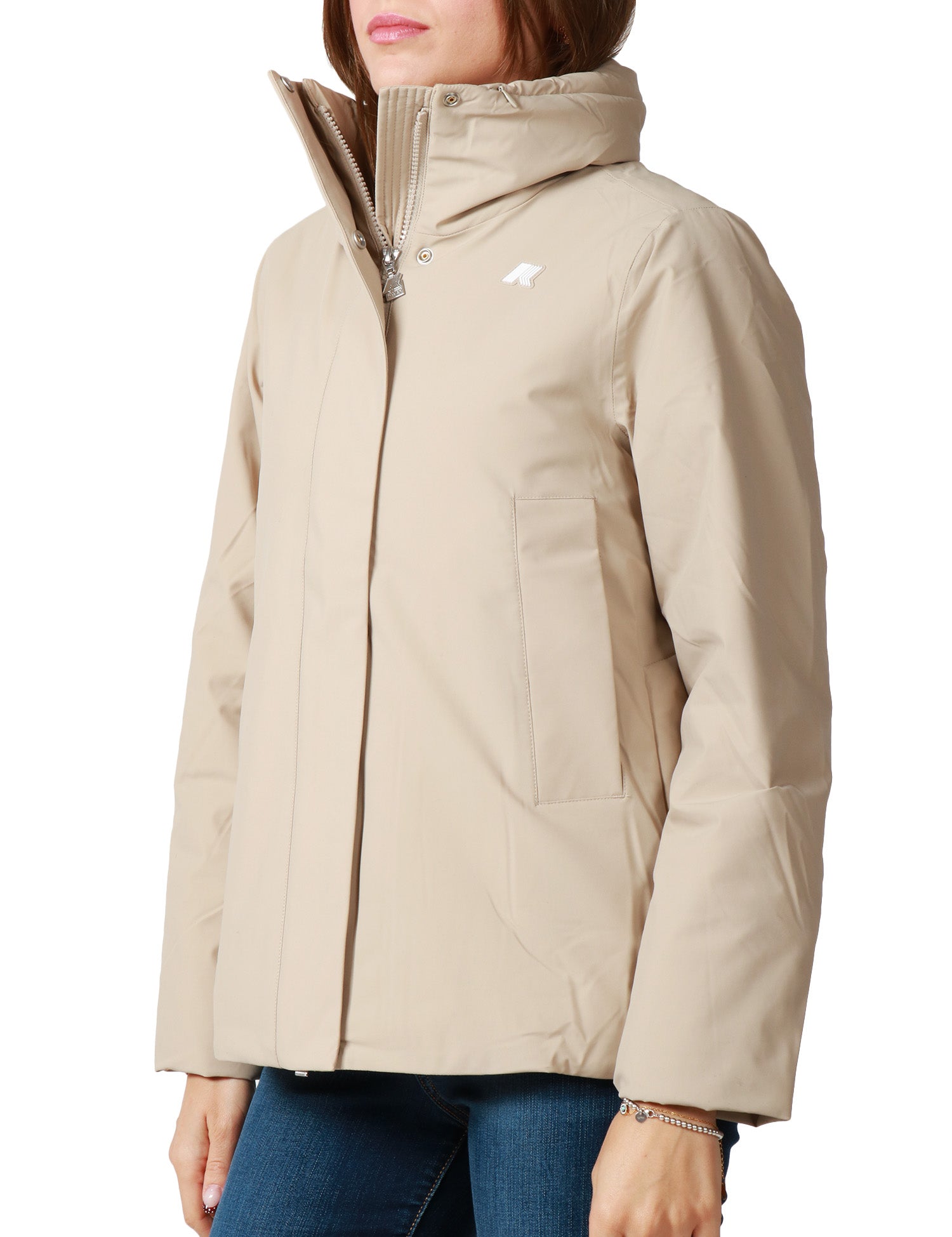 GIUBBOTTO DONNA K-WAY MARLETTE ST WARM BEIGE CON COLLO ALTO E CAPPUCCIO INTEGRATO