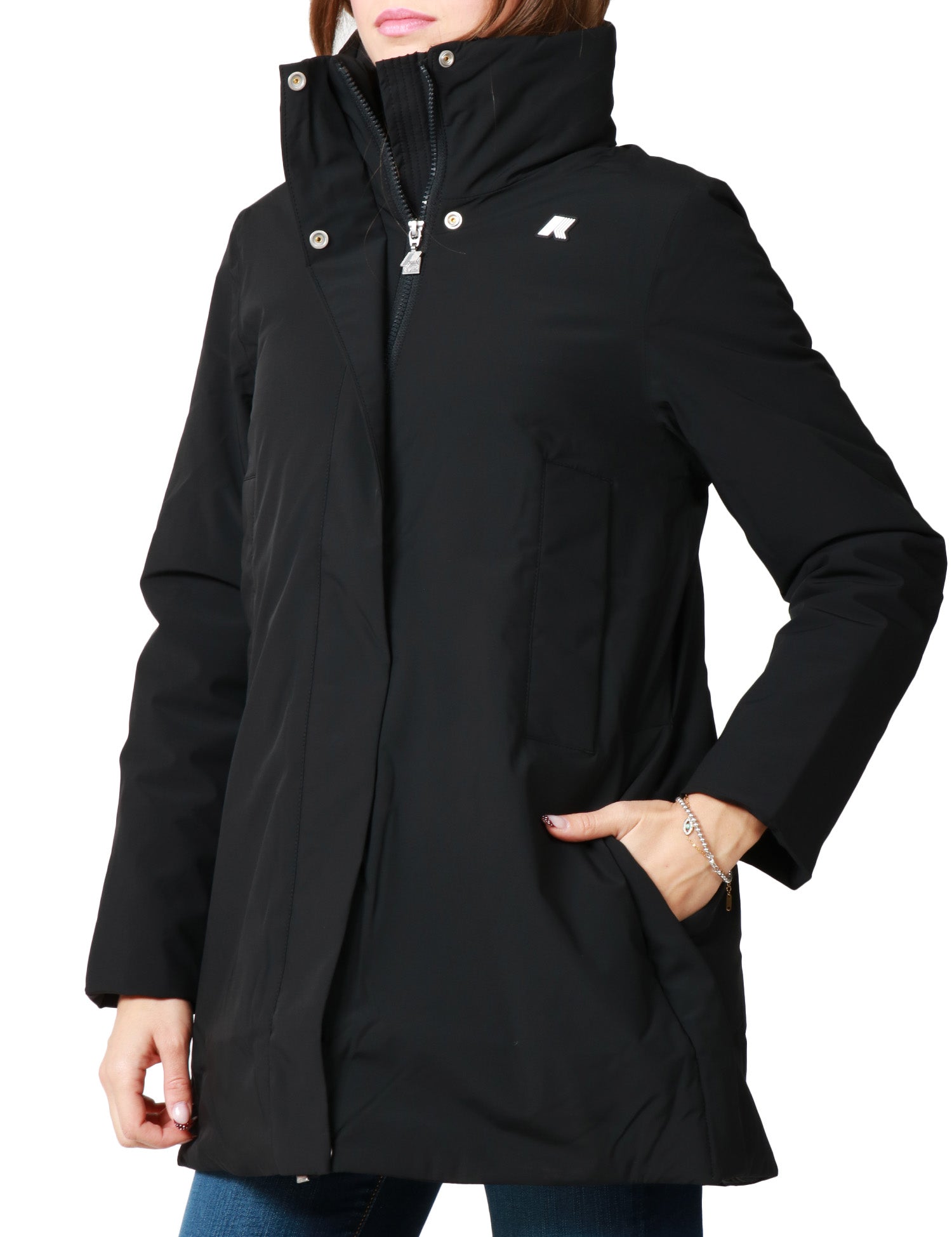 GIUBBOTTO DONNA K-WAY MARLA ST WARM NERO LUNGHEZZA MEDIA CON COLLO ALTO E CAPPUCCIO INTEGRATO