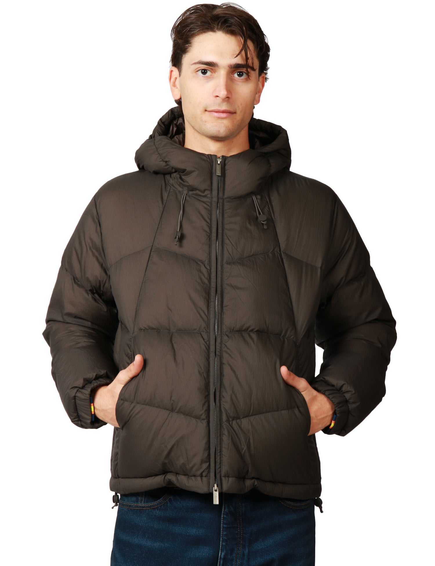 PIUMINO UOMO K-WAY QUILL BLACK OLIVE CON CAPPUCCIO E IMBOTTITURA IN VERA PIUMA MOLINA