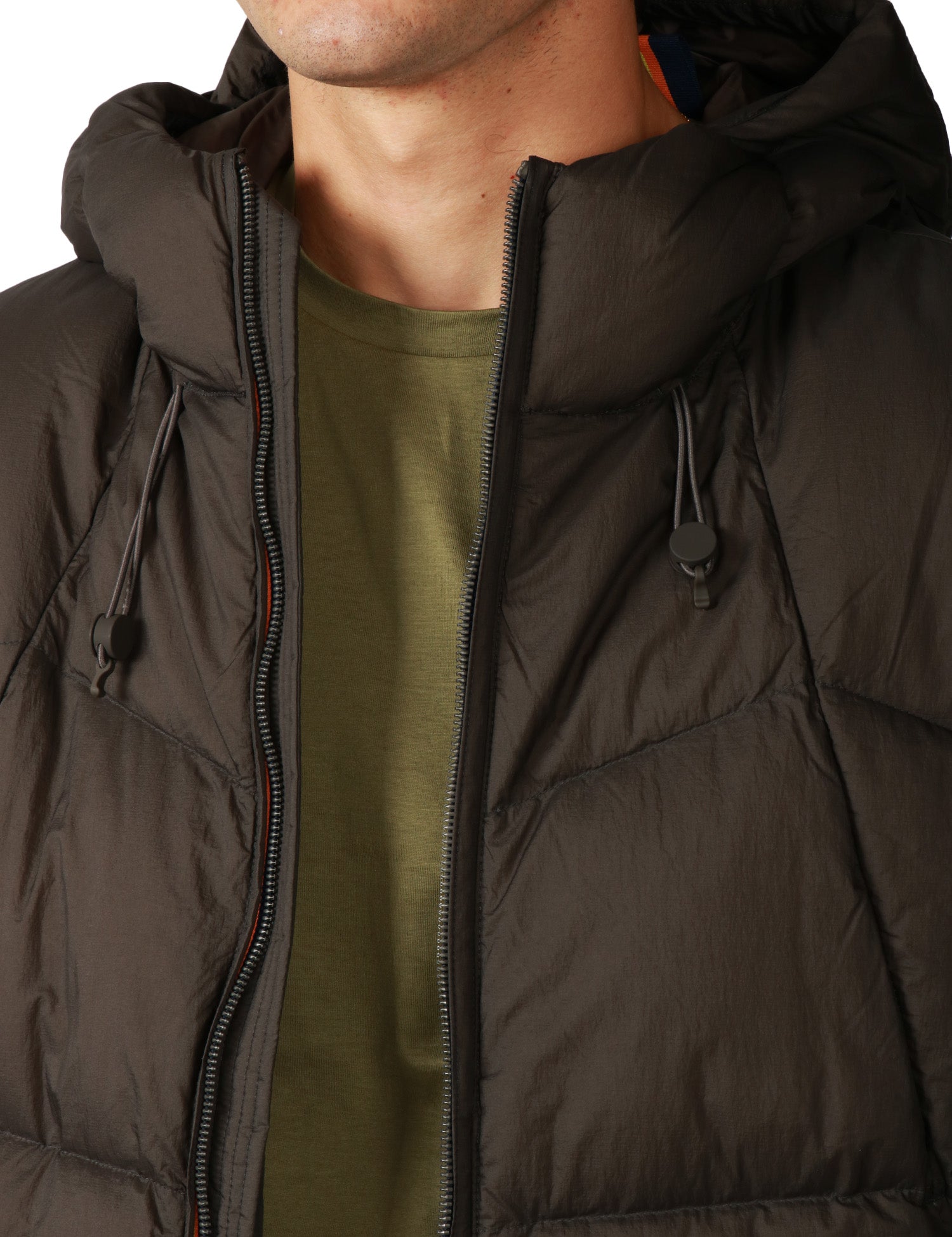 PIUMINO UOMO K-WAY QUILL BLACK OLIVE CON CAPPUCCIO E IMBOTTITURA IN VERA PIUMA MOLINA