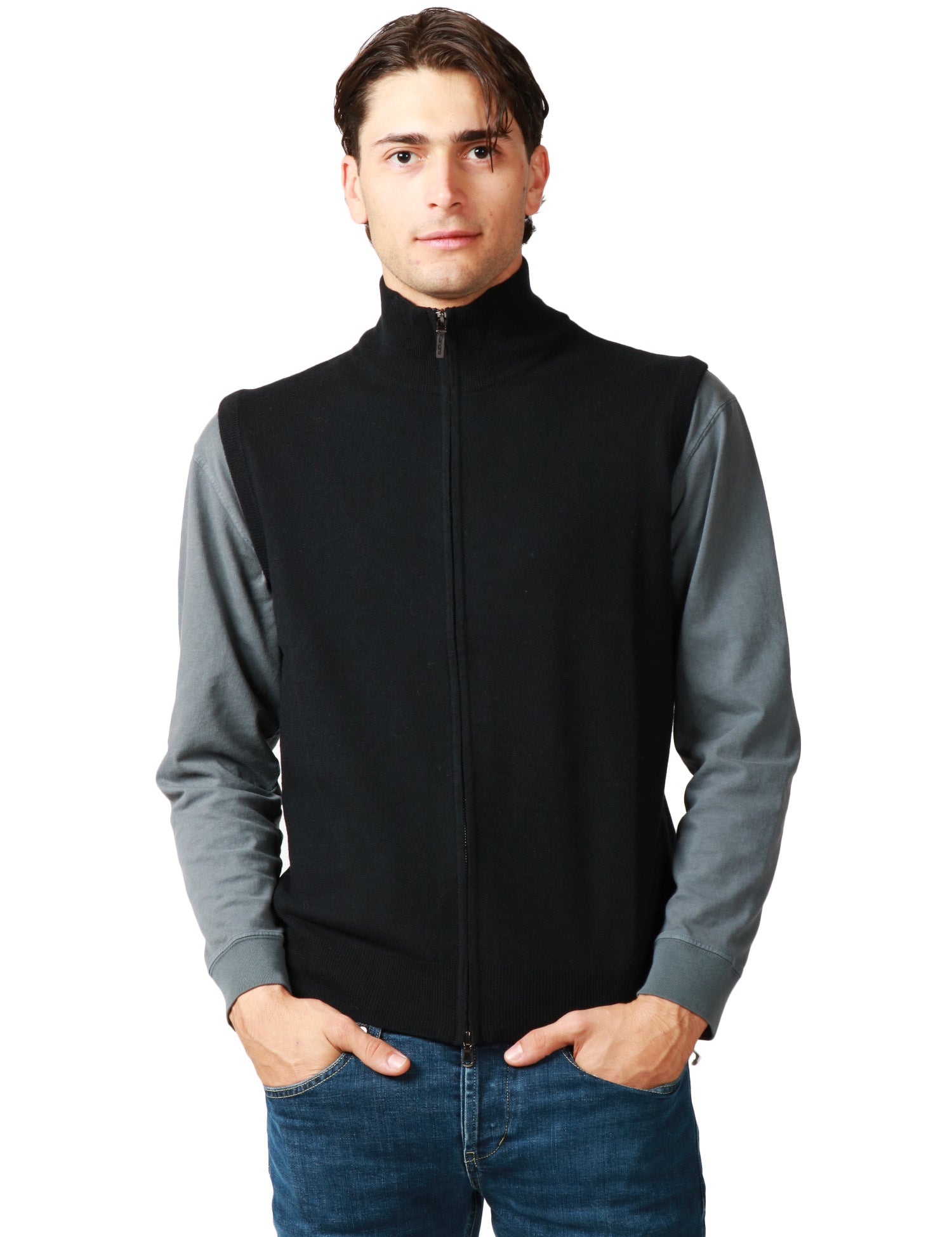 GILET UOMO KANGRA NERO IN LANA CON COLLO ALTO E ZIP CENTRALE