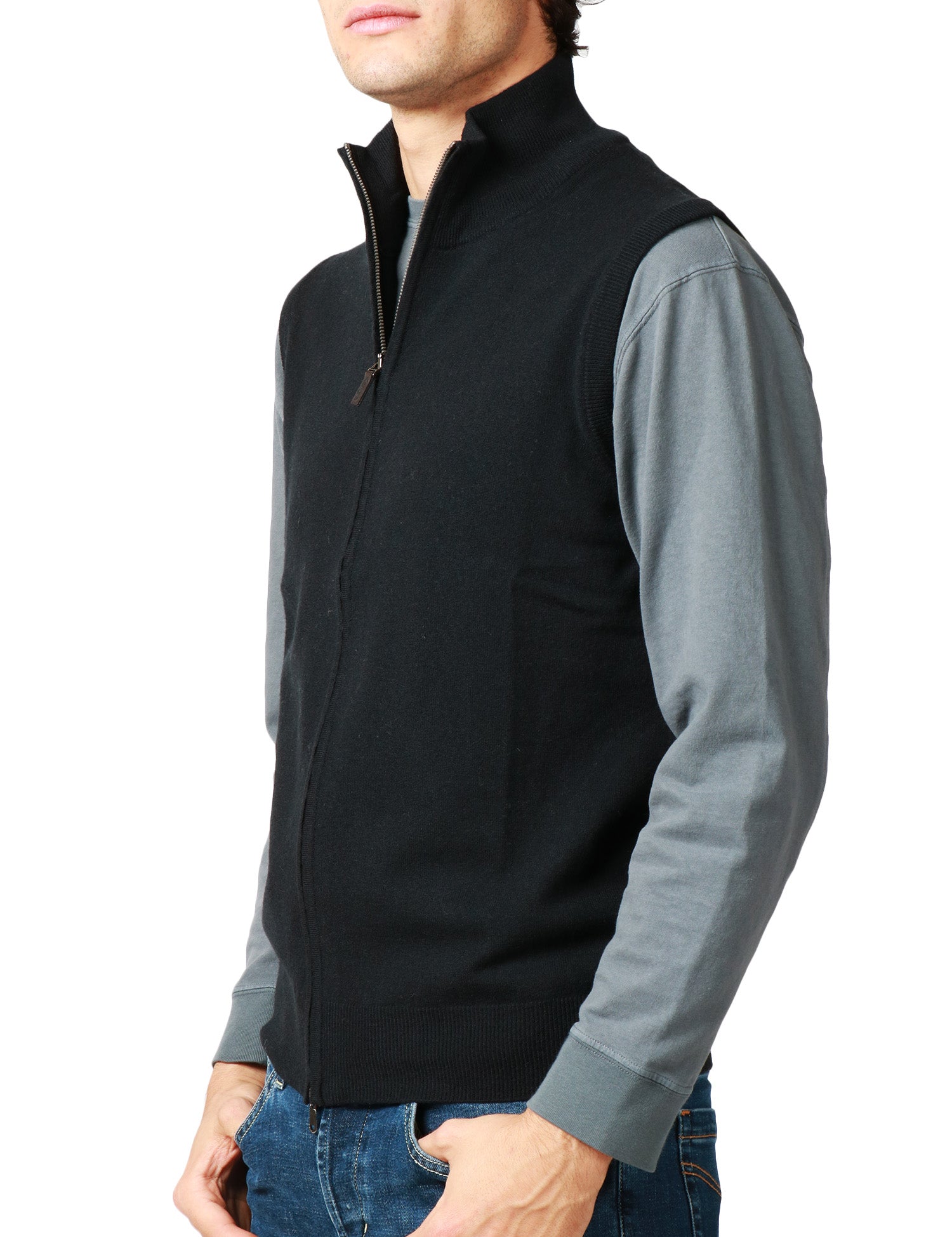 GILET UOMO KANGRA NERO IN LANA CON COLLO ALTO E ZIP CENTRALE