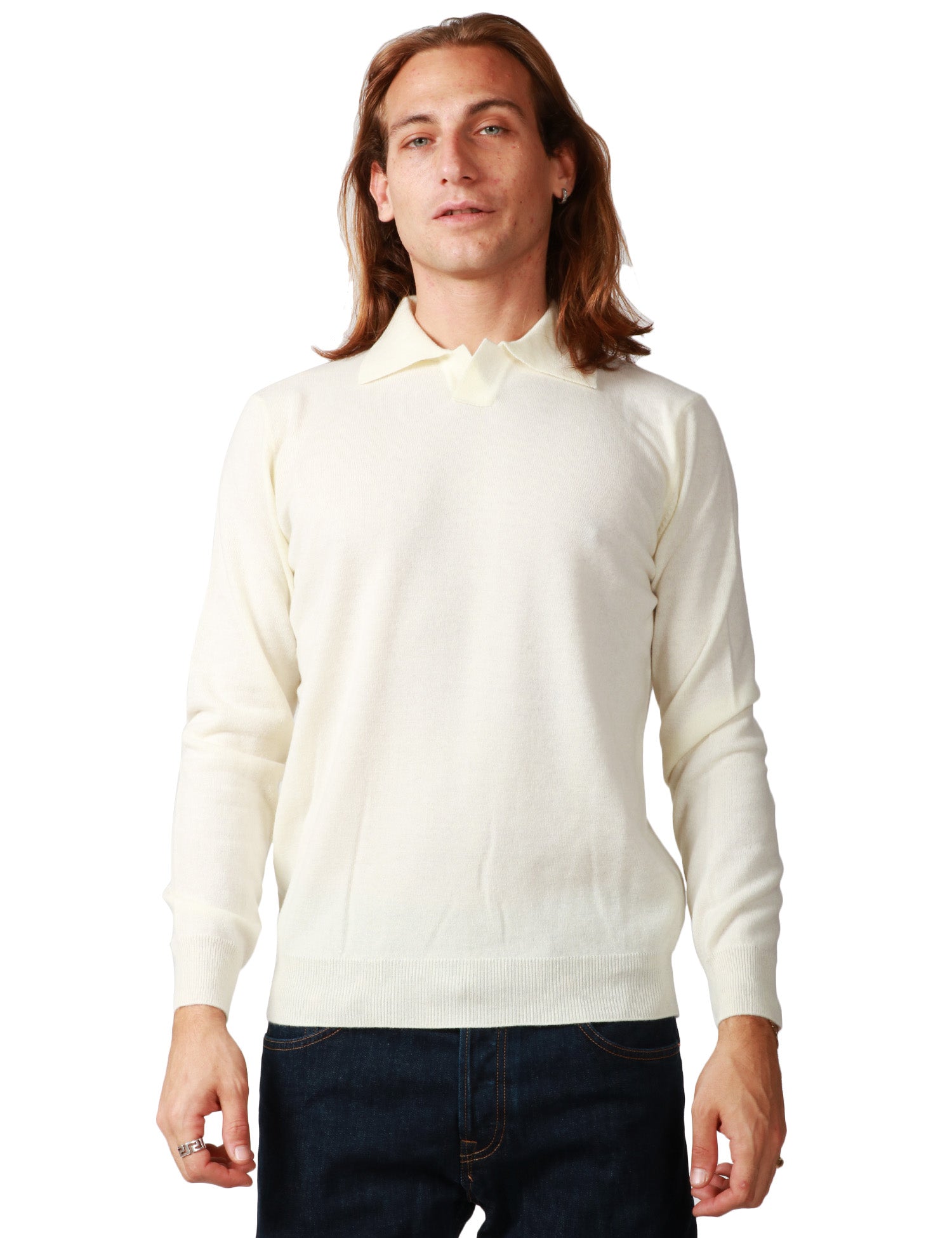 MAGLIA POLO UOMO BIANCA A MANICA LUNGA IN LANA RASATA CALATA