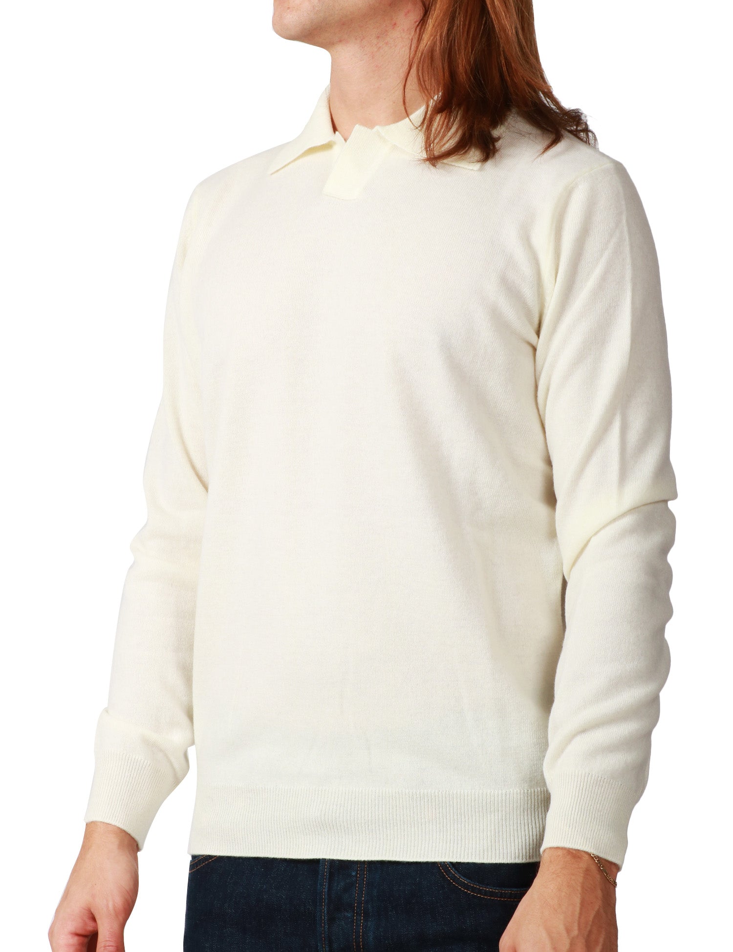 MAGLIA POLO UOMO BIANCA A MANICA LUNGA IN LANA RASATA CALATA