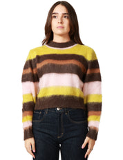 MAGLIA DONNA KONTATTO MARRONE A RIGHE GIROCOLLO IN LANA TAGLIO CROP