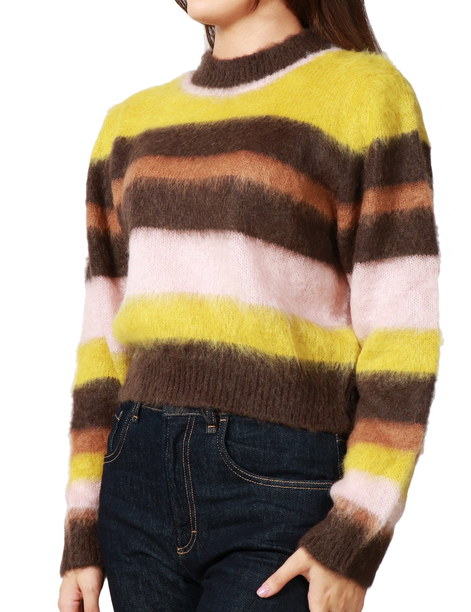 MAGLIA DONNA KONTATTO MARRONE A RIGHE GIROCOLLO IN LANA TAGLIO CROP