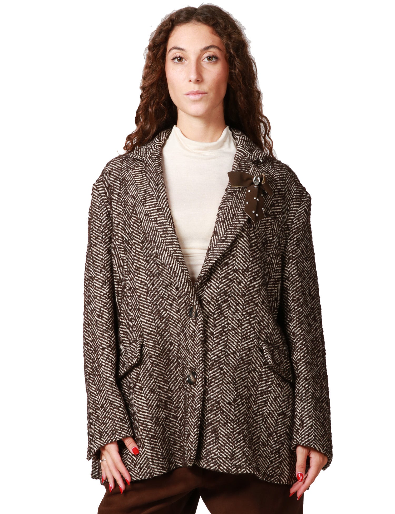 GIACCA OVER DONNA KONTATTO BEIGE/MORO SPIGATA CON SPILLA APPLICATA