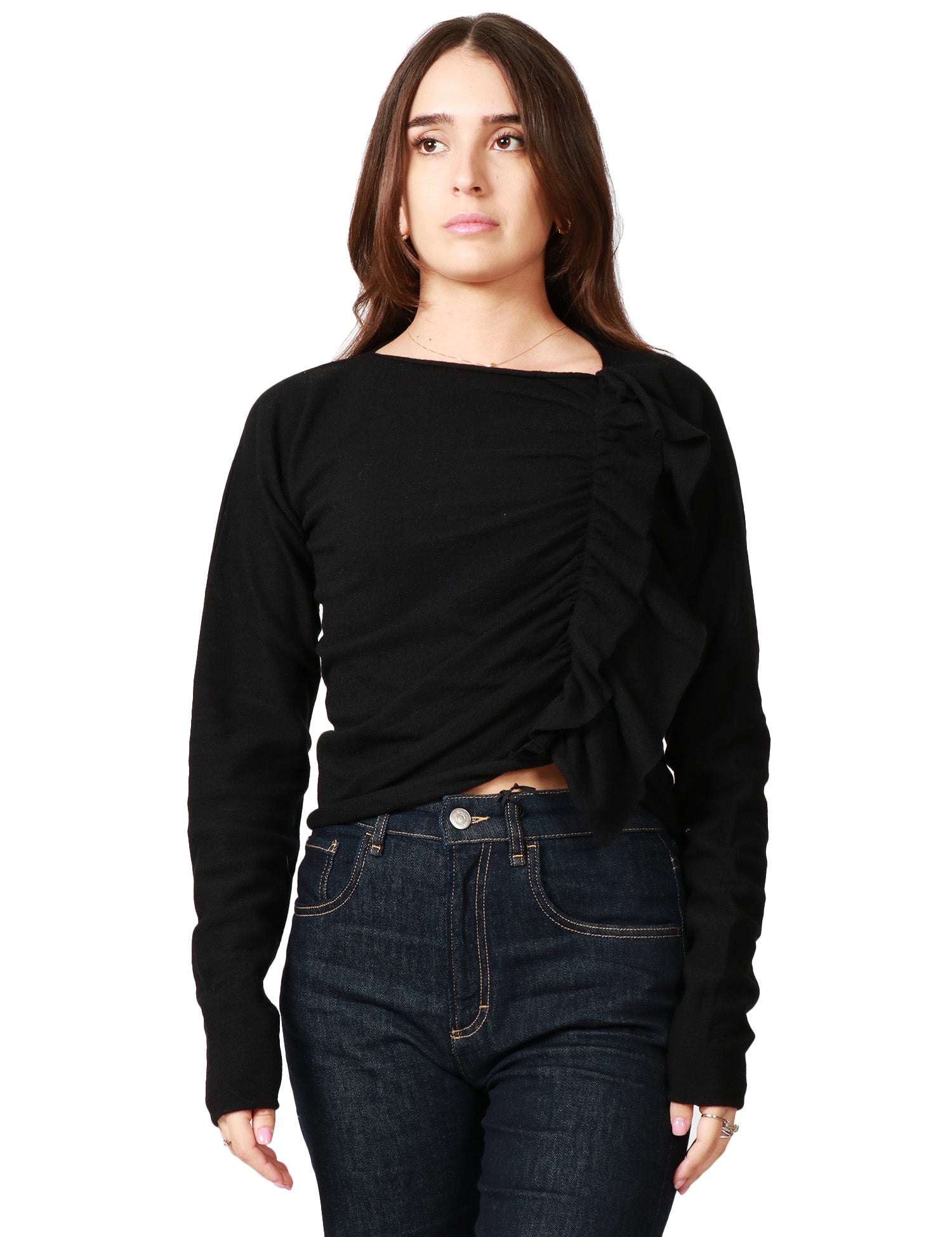 MAGLIA DONNA LIVIANA CONTI JODIE NERA A MANICA LUNGA CON DRAPPEGGIO DIAGONALE IN LANA VERGINE 100%