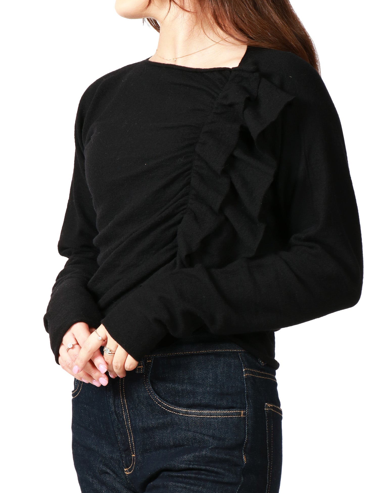 MAGLIA DONNA LIVIANA CONTI JODIE NERA A MANICA LUNGA CON DRAPPEGGIO DIAGONALE IN LANA VERGINE 100%