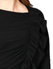 MAGLIA DONNA LIVIANA CONTI JODIE NERA A MANICA LUNGA CON DRAPPEGGIO DIAGONALE IN LANA VERGINE 100%