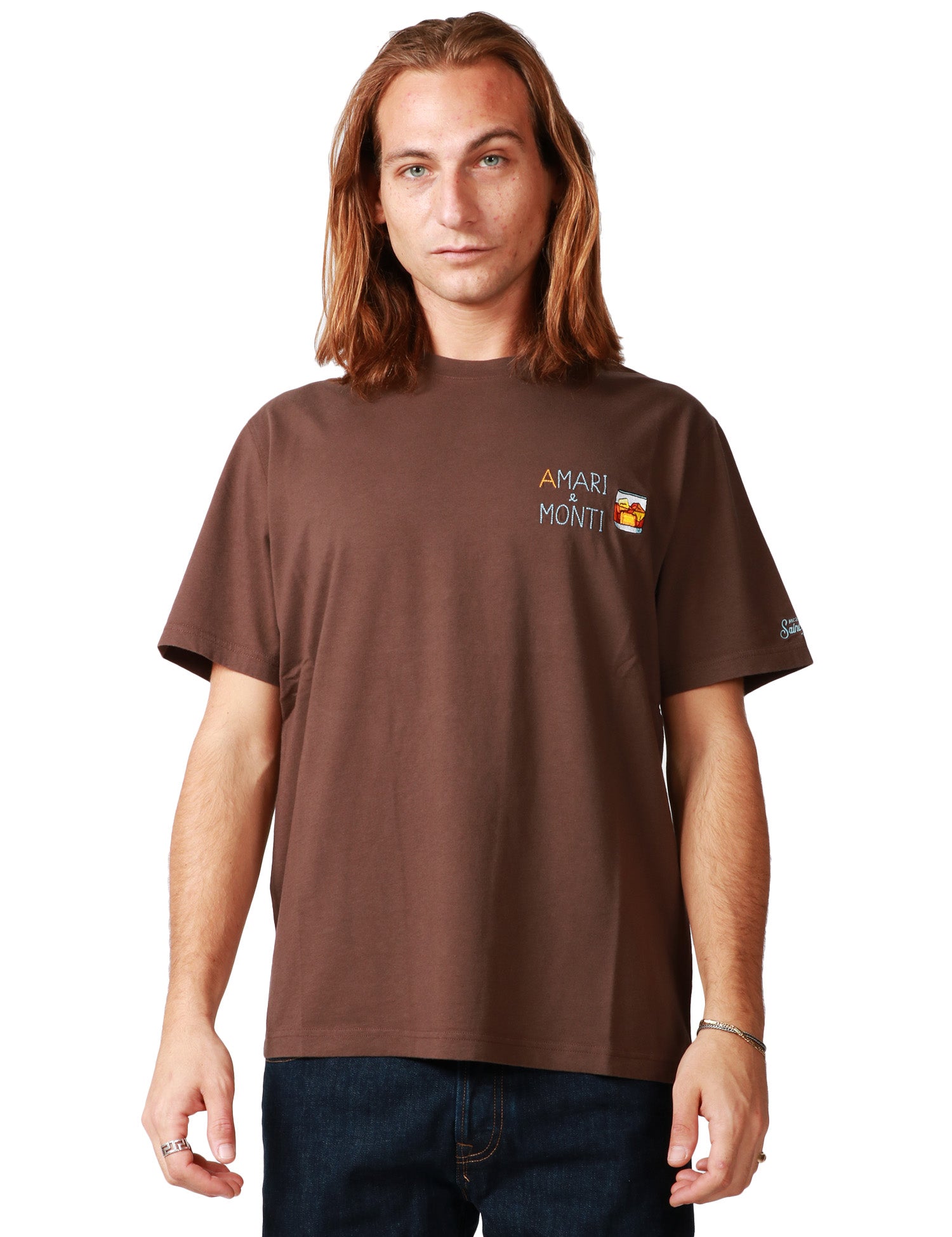 T-SHIRT UOMO MC 2 SAINT BARTH ARNOTT MARRONE CON RICAMO "AMARI E MONTI" IN JERSEY DI COTONE