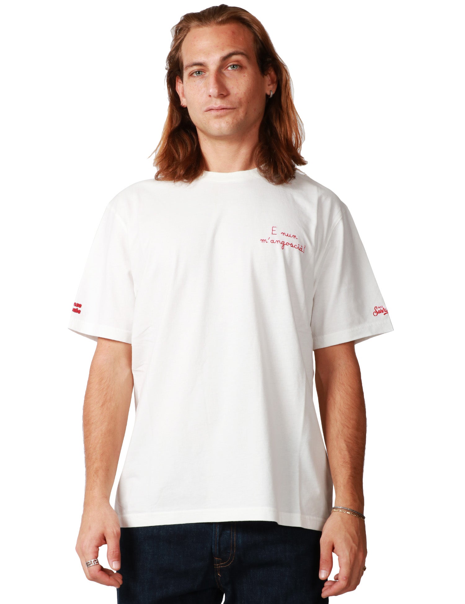 T-SHIRT UOMO MC 2 SAINT BARTH ARNOTT BIANCA CON RICAMO "E NUN M'ANGOSCIà" IN COTONE INVERNALE