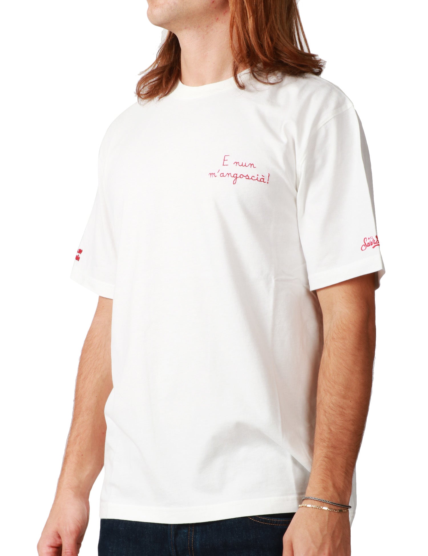 T-SHIRT UOMO MC 2 SAINT BARTH ARNOTT BIANCA CON RICAMO "E NUN M'ANGOSCIà" IN COTONE INVERNALE
