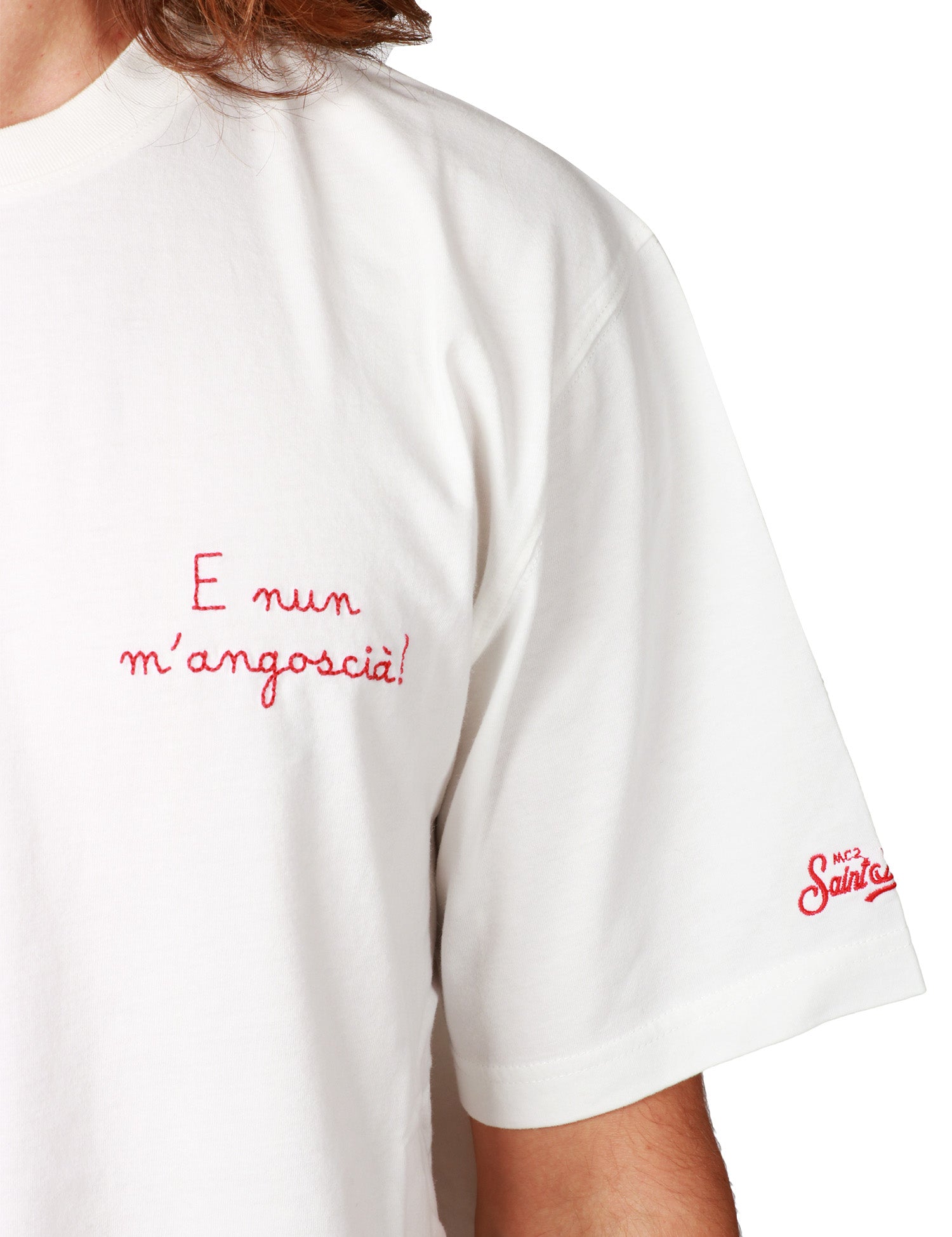 T-SHIRT UOMO MC 2 SAINT BARTH ARNOTT BIANCA CON RICAMO "E NUN M'ANGOSCIà" IN COTONE INVERNALE