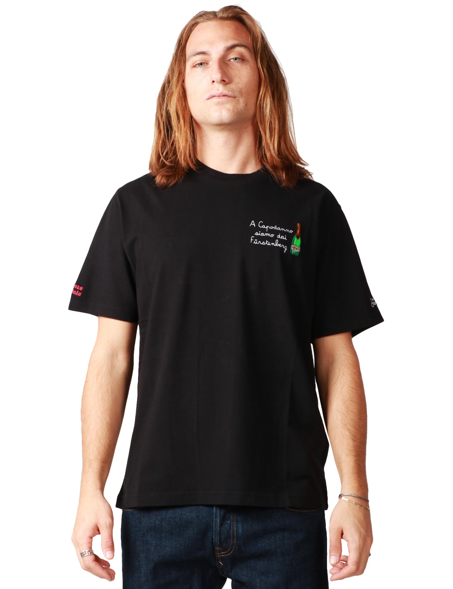 T-SHIRT UOMO MC 2 SAINT BARTH ARNOTT NERA CON RICAMO "A CAPODANNO SIAMO DAI FURSTENBERG!" IN COTONE PESANTE