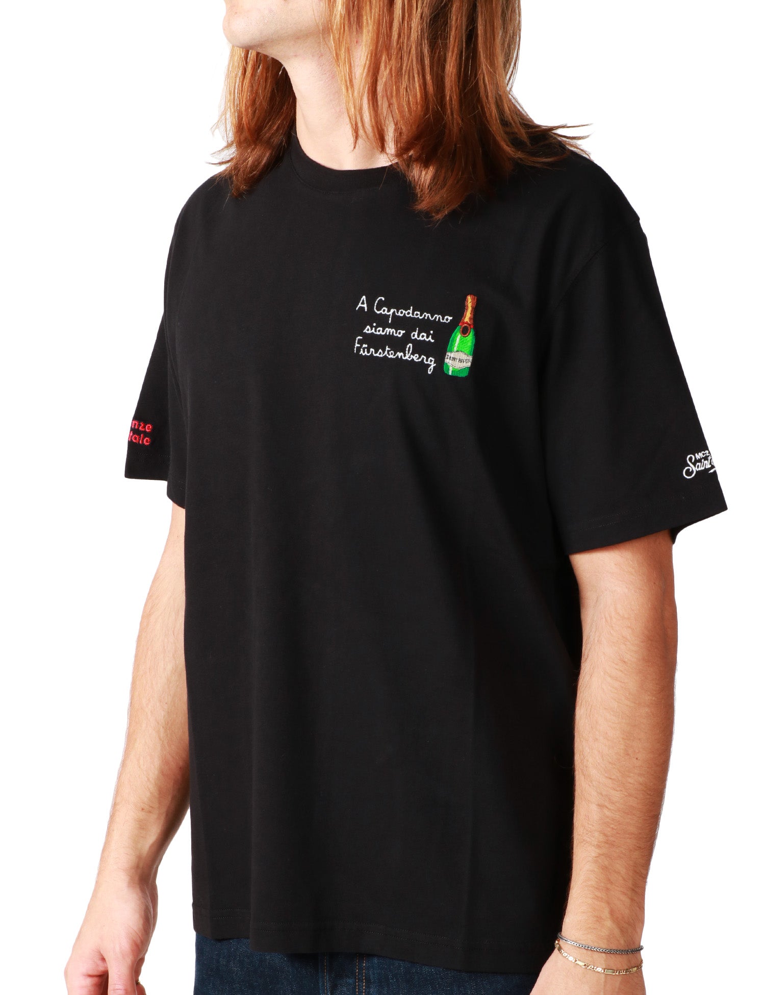 T-SHIRT UOMO MC 2 SAINT BARTH ARNOTT NERA CON RICAMO "A CAPODANNO SIAMO DAI FURSTENBERG!" IN COTONE PESANTE