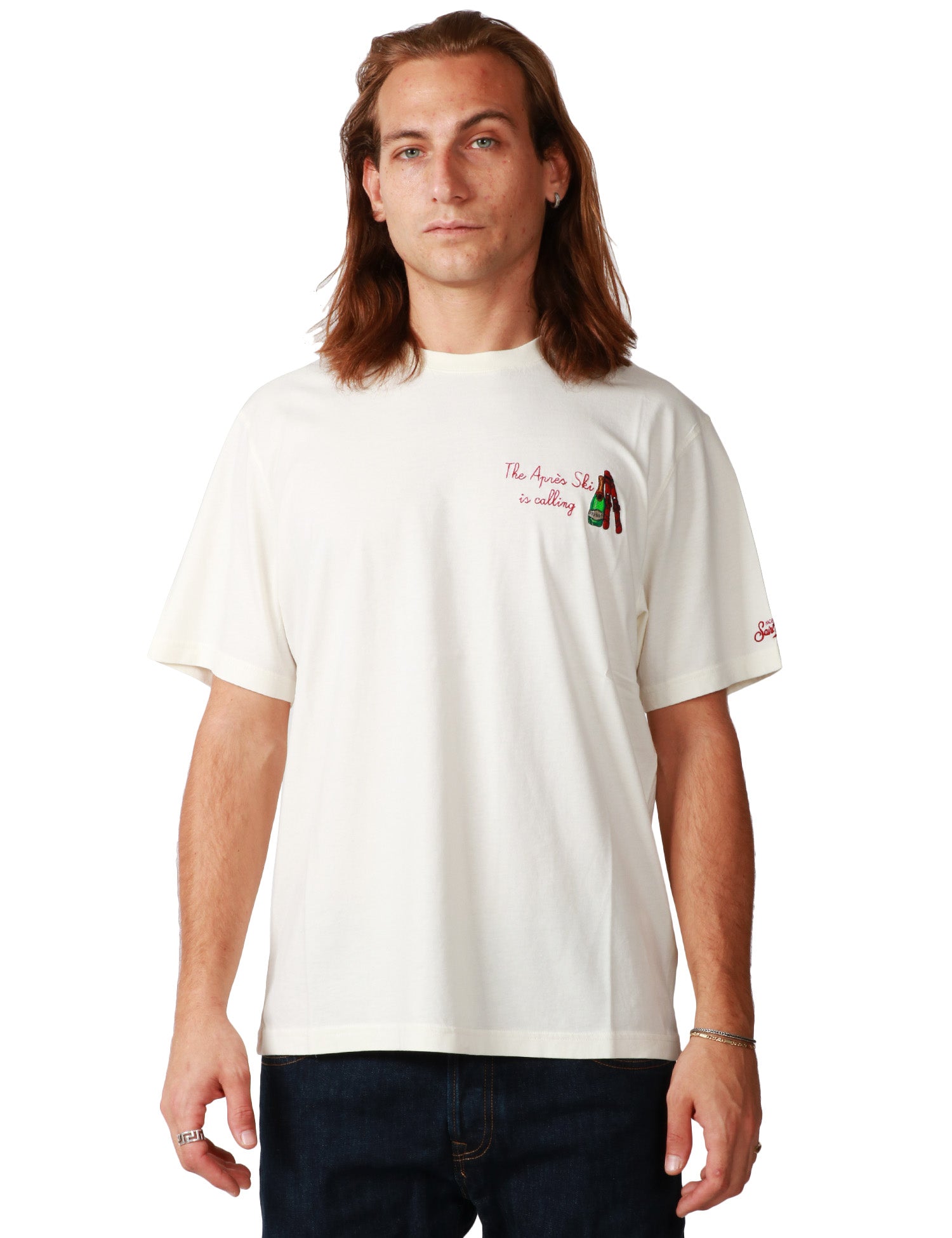 T-SHIRT UOMO MC 2 SAINT BARTH ARNOTT BIANCA CON RICAMO "THE APRèS SKI IS CALLING" IN JERSEY SMERIGLIATO