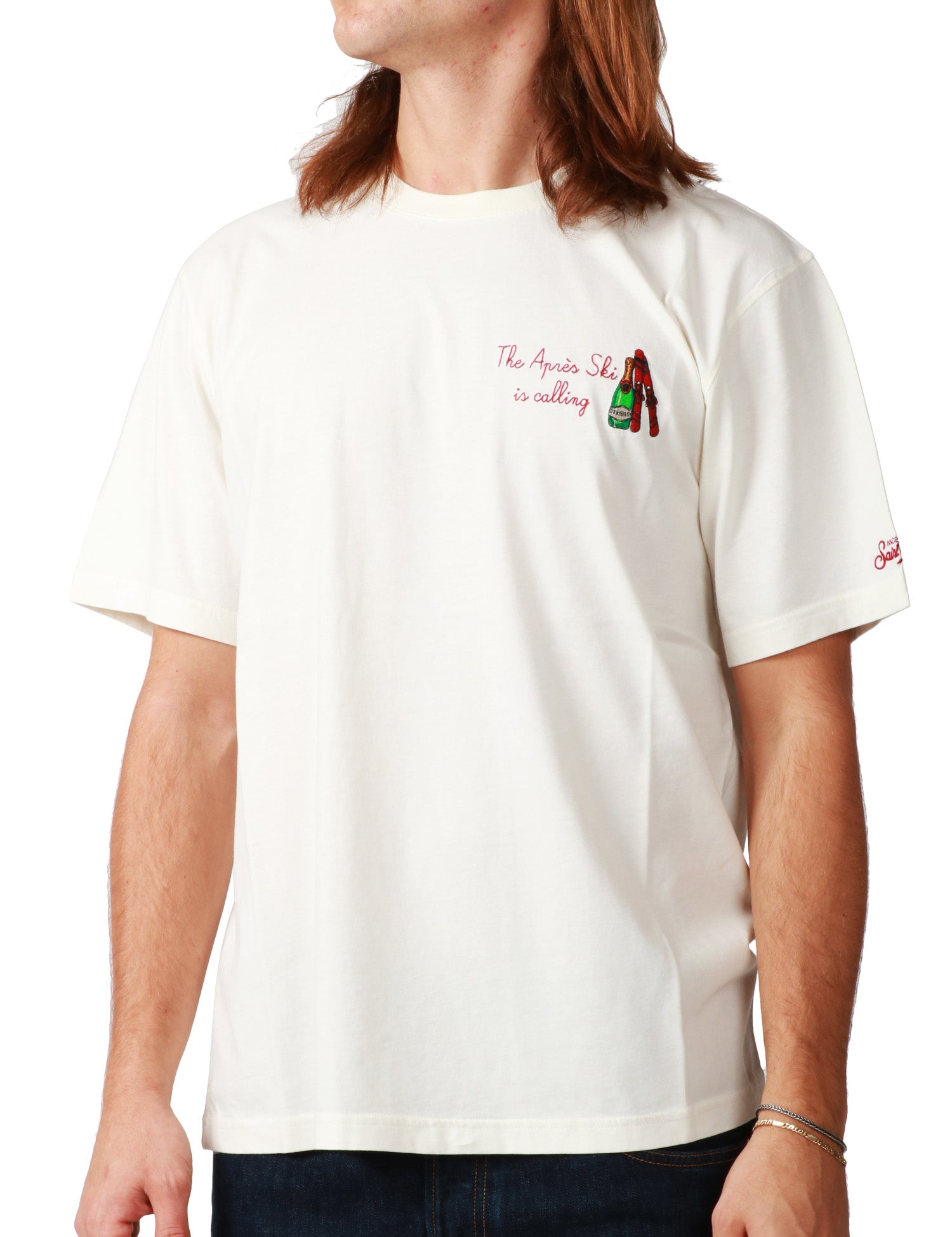 T-SHIRT UOMO MC 2 SAINT BARTH ARNOTT BIANCA CON RICAMO "THE APRèS SKI IS CALLING" IN JERSEY SMERIGLIATO
