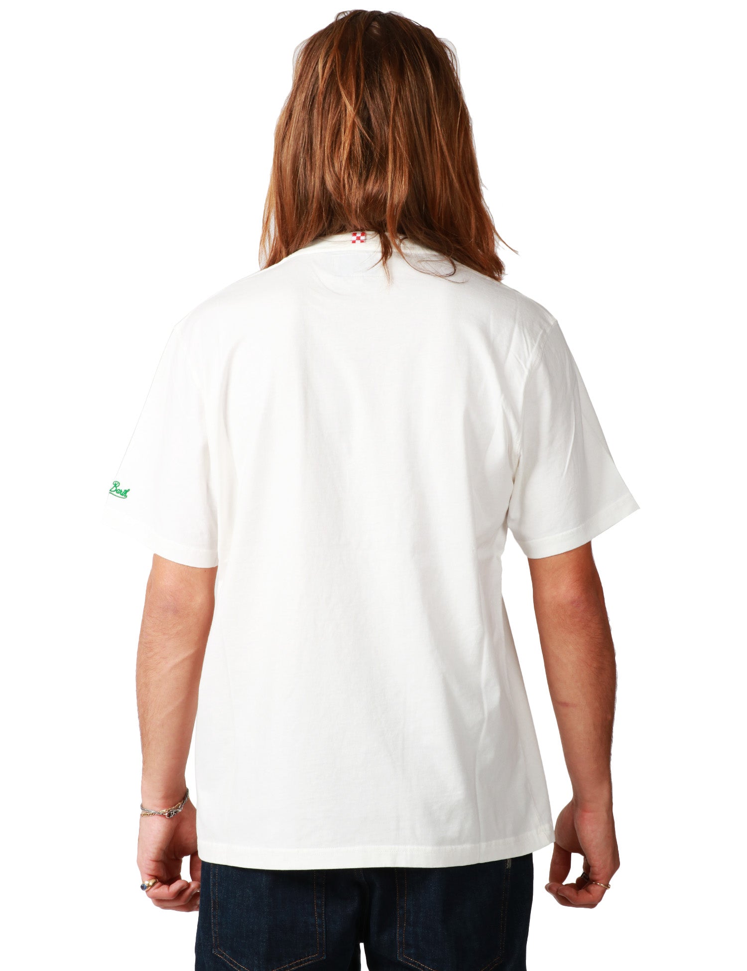 T-SHIRT UOMO MC 2 SAINT BARTH CONNOR BIANCA CON RICAMO SUL TASCHINO "VA TUTTO AL CONTRARIO" E STAMPA OROLOGIO
