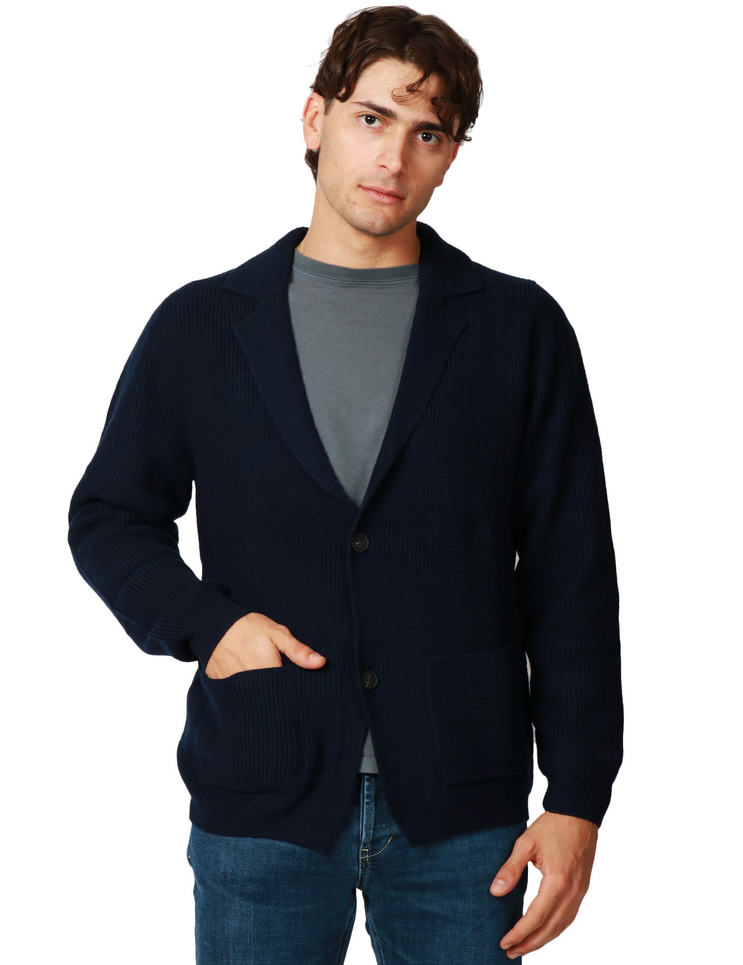 GIACCA UOMO MC 2 SAINT BARTH EATON WOOL BLU NOTTE IN LANA MERINO CON COLLO REVER E TASCA DAVANTI
