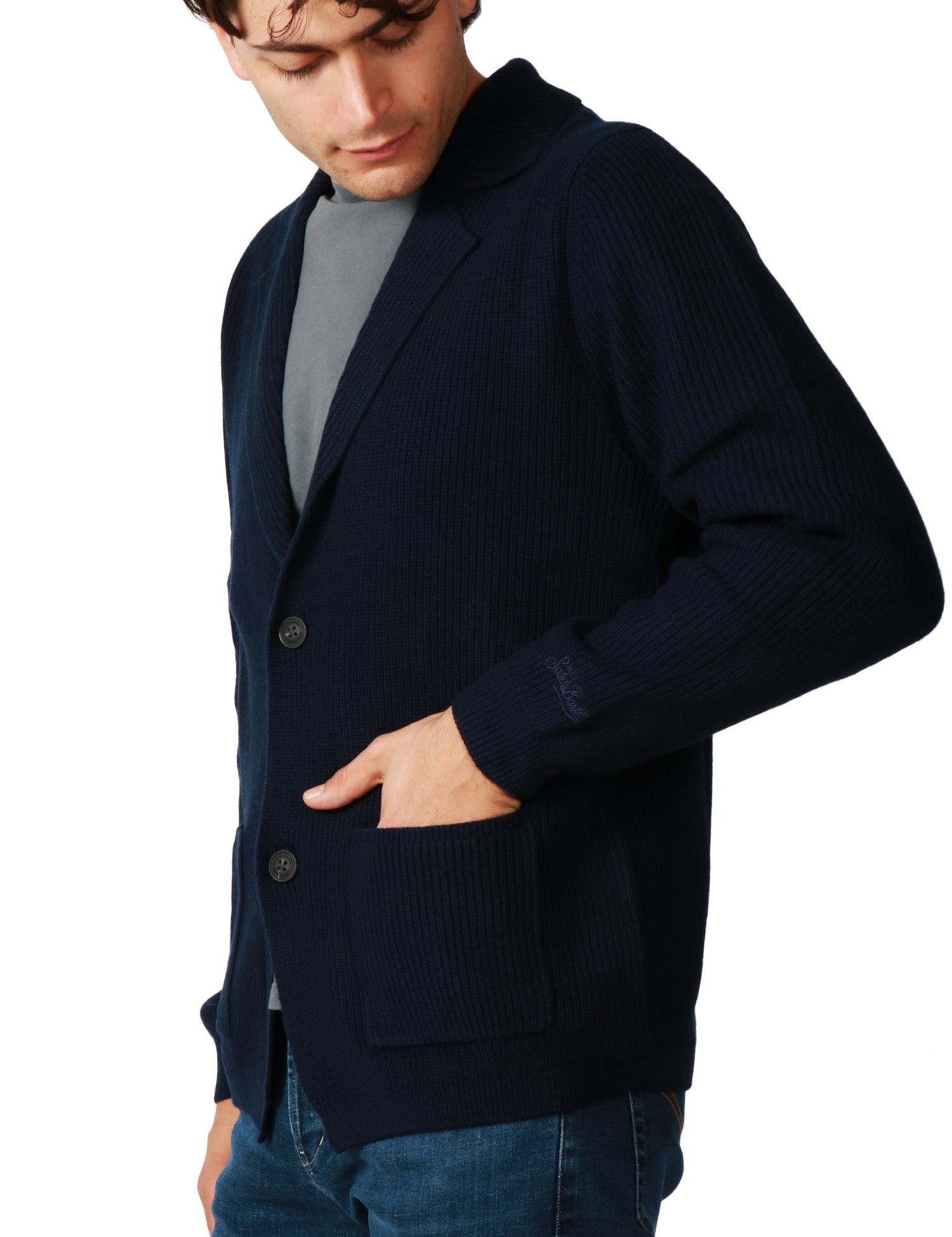 GIACCA UOMO MC 2 SAINT BARTH EATON WOOL BLU NOTTE IN LANA MERINO CON COLLO REVER E TASCA DAVANTI
