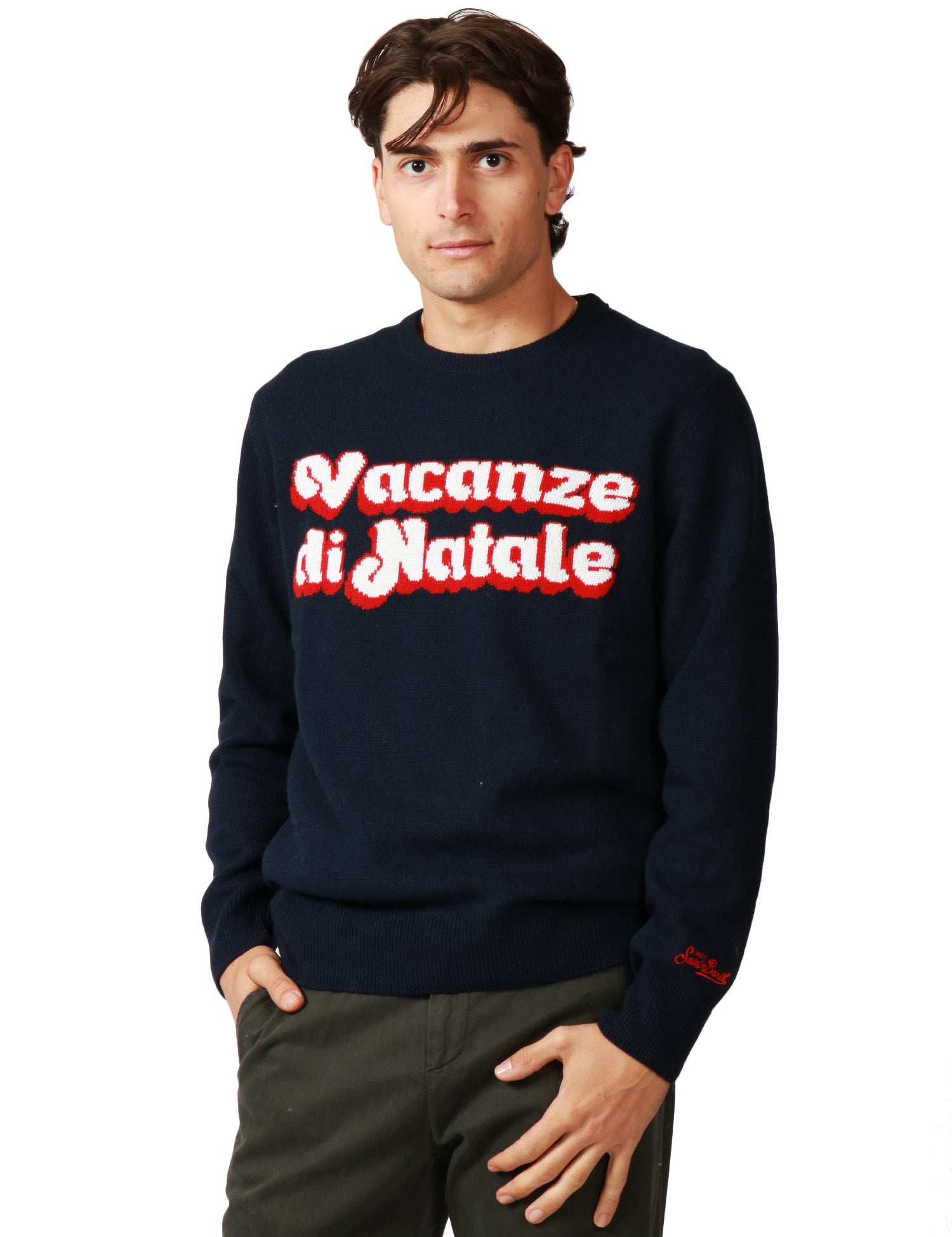 MAGLIONE UOMO MC 2 SAINT BARTH BLU CON SCRITTA JACQUARD "VACANZE DI NATALE" IN MISTO CASHMERE