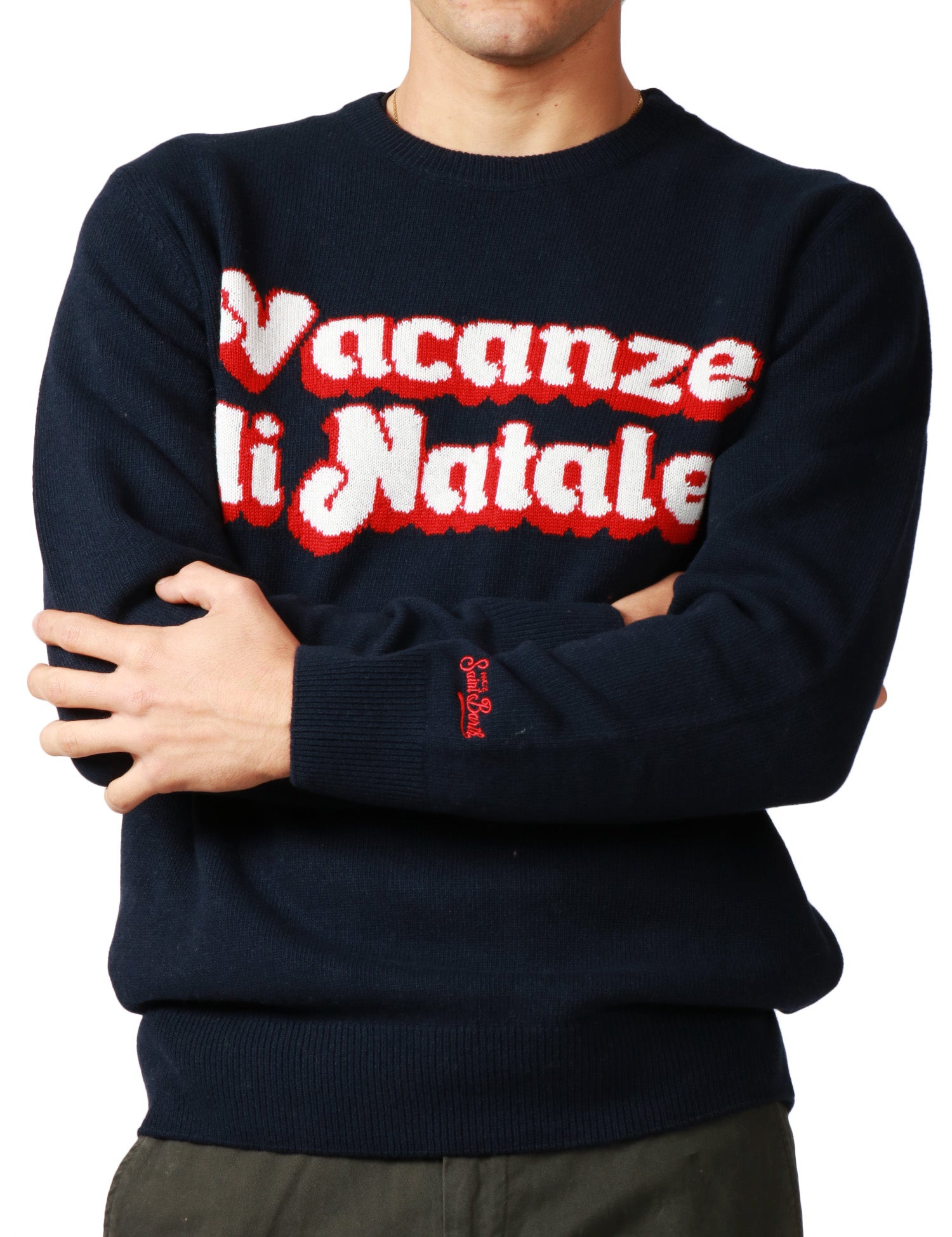 MAGLIONE UOMO MC 2 SAINT BARTH BLU CON SCRITTA JACQUARD "VACANZE DI NATALE" IN MISTO CASHMERE