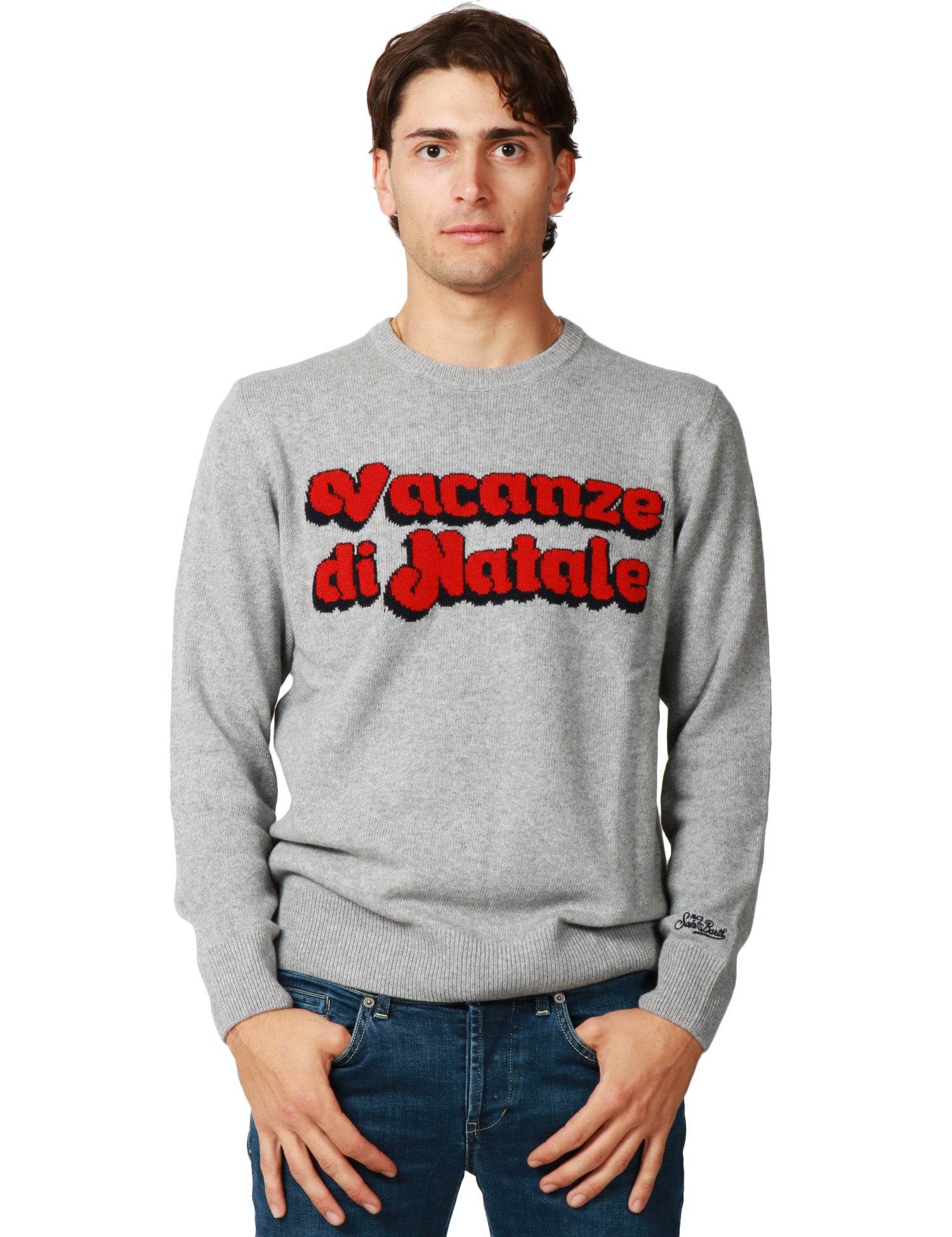 MAGLIONE UOMO MC 2 SAINT BARTH GRIGIO CON SCRITTA JACQUARD "VACANZE DI NATALE" IN MISTO CASHMERE