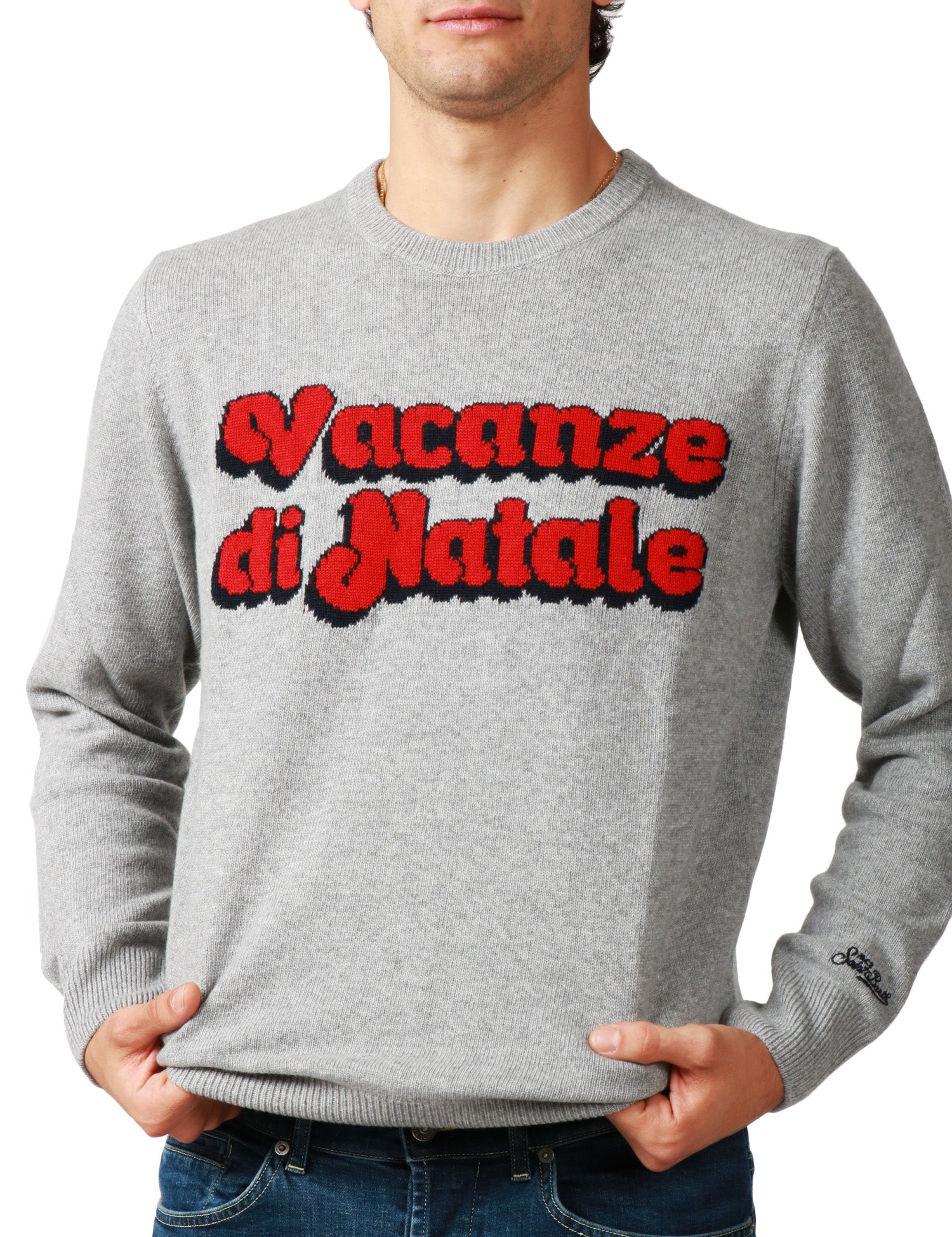 MAGLIONE UOMO MC 2 SAINT BARTH GRIGIO CON SCRITTA JACQUARD "VACANZE DI NATALE" IN MISTO CASHMERE