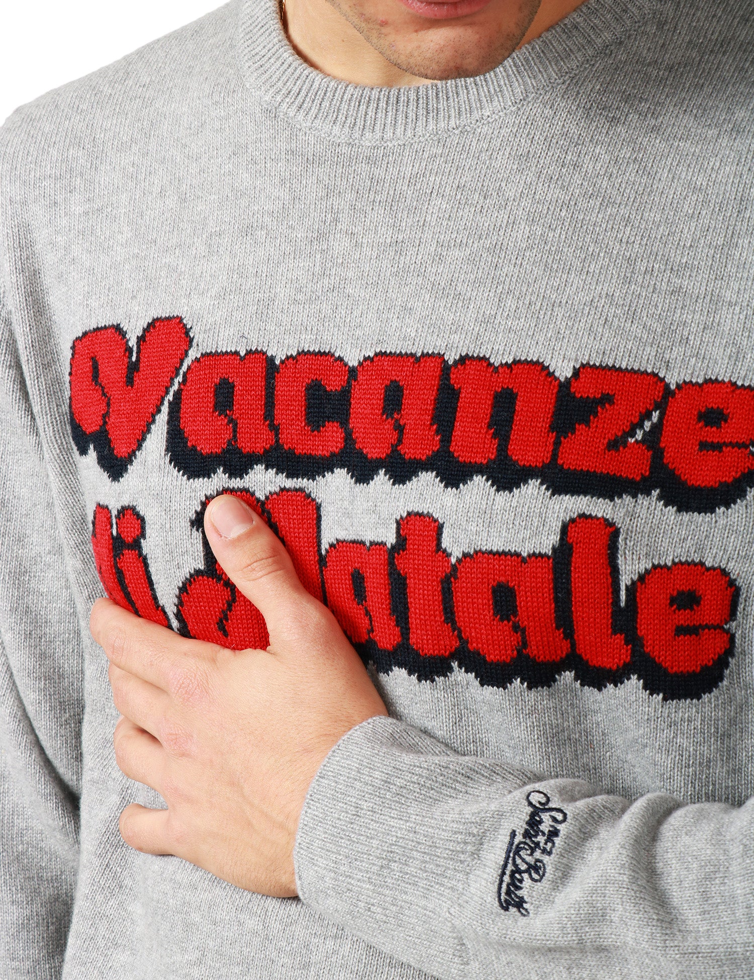MAGLIONE UOMO MC 2 SAINT BARTH GRIGIO CON SCRITTA JACQUARD "VACANZE DI NATALE" IN MISTO CASHMERE