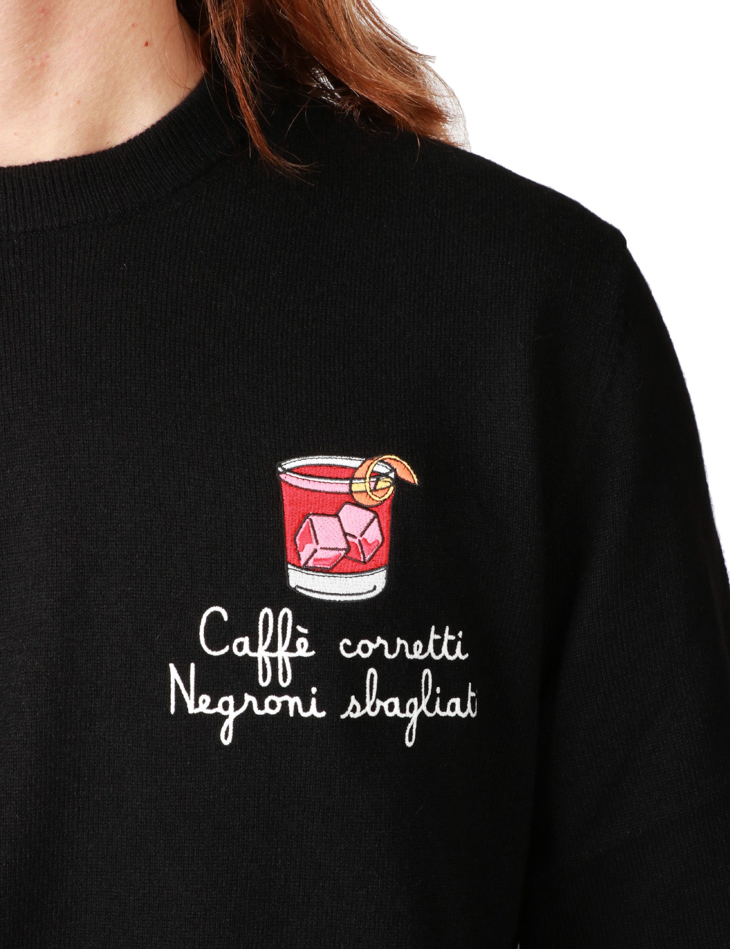 MAGLIONE UOMO MC 2 SAINT BARTH HERON NERO CON RICAMO "CAFFè CORRETTI NEGRONI SBAGLIATI" IN MISTO CASHMERE